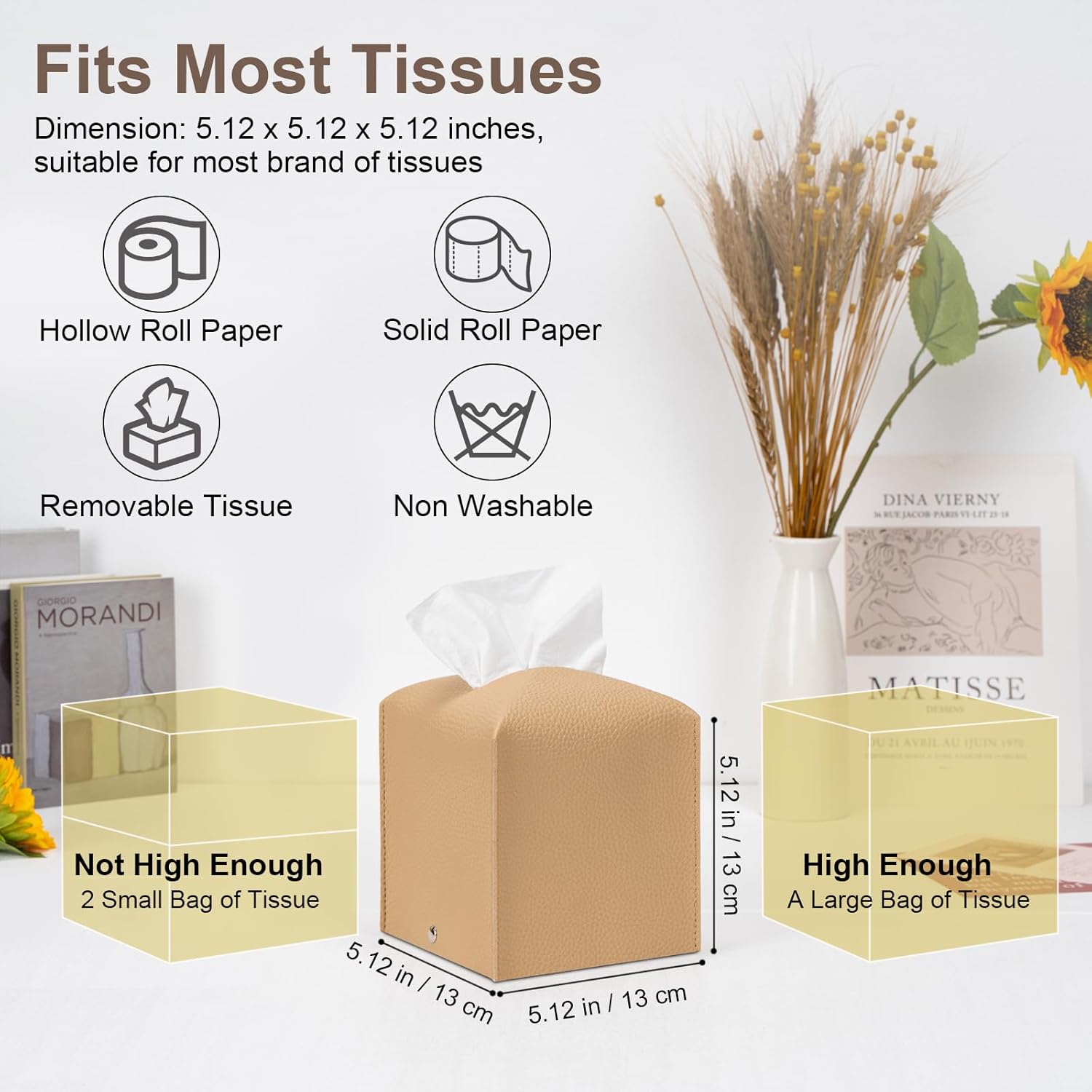 2 Pcs Square Cream Tissue Box Cover PU Leather Decorative Tissue Organizer Dispenser Holder for Bathroom, Desk, Home, Car, Office, 5.12" X 5.12" X 5.12"
