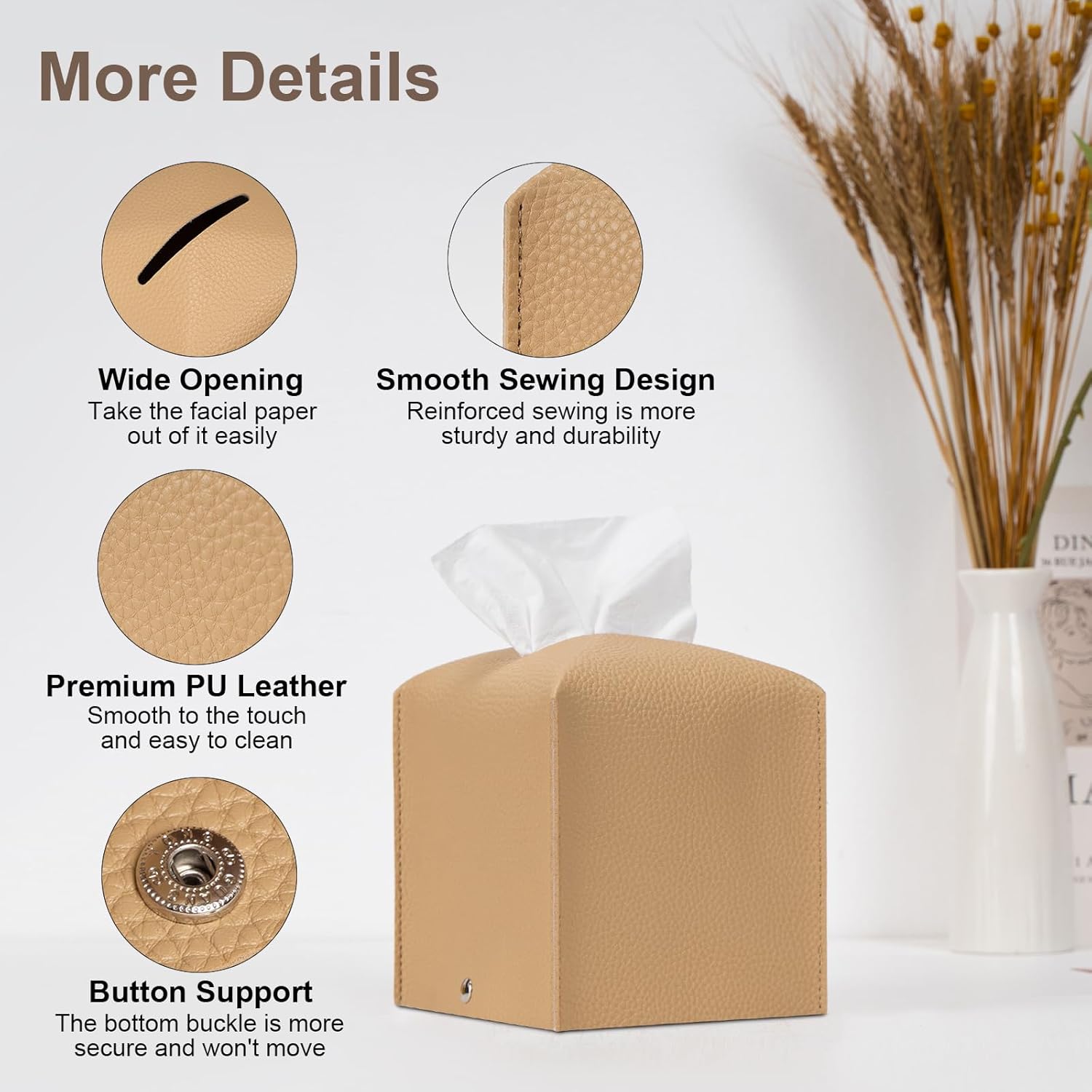 2 Pcs Square Cream Tissue Box Cover PU Leather Decorative Tissue Organizer Dispenser Holder for Bathroom, Desk, Home, Car, Office, 5.12" X 5.12" X 5.12"