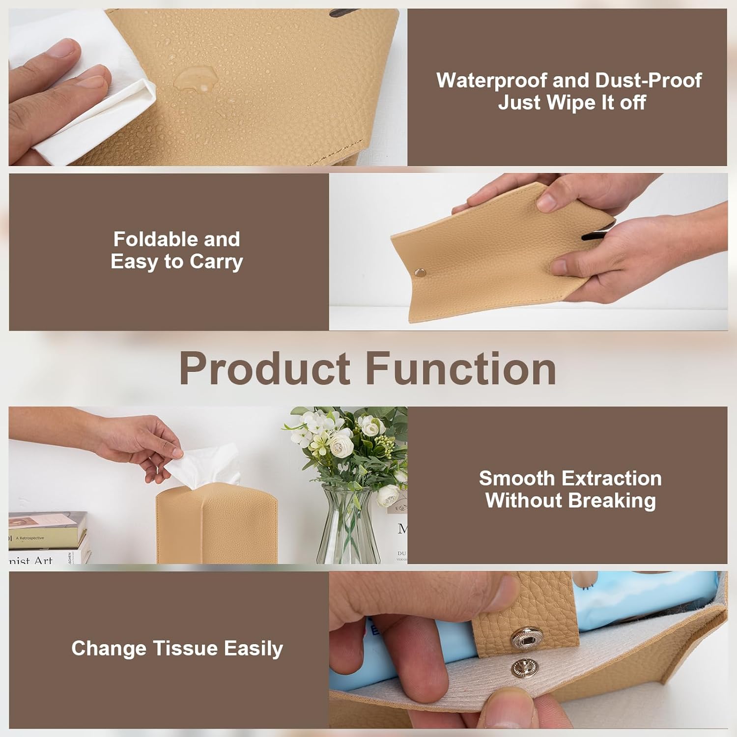 2 Pcs Square Cream Tissue Box Cover PU Leather Decorative Tissue Organizer Dispenser Holder for Bathroom, Desk, Home, Car, Office, 5.12" X 5.12" X 5.12"
