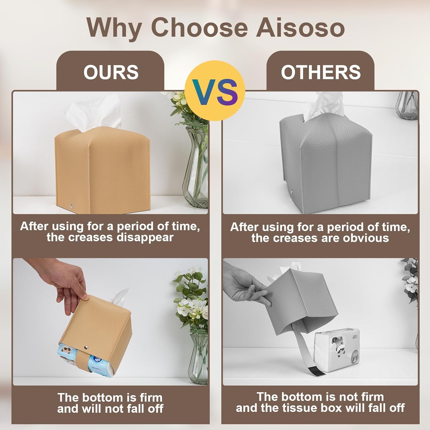 2 Pcs Square Cream Tissue Box Cover PU Leather Decorative Tissue Organizer Dispenser Holder for Bathroom, Desk, Home, Car, Office, 5.12" X 5.12" X 5.12"