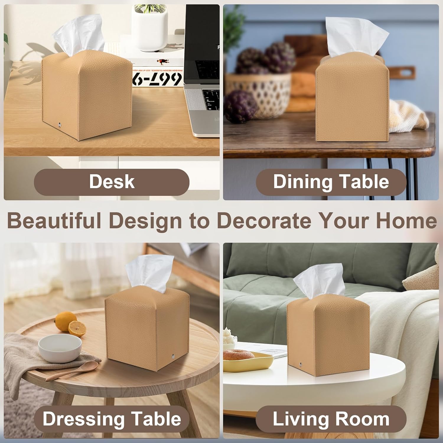 2 Pcs Square Cream Tissue Box Cover PU Leather Decorative Tissue Organizer Dispenser Holder for Bathroom, Desk, Home, Car, Office, 5.12" X 5.12" X 5.12"