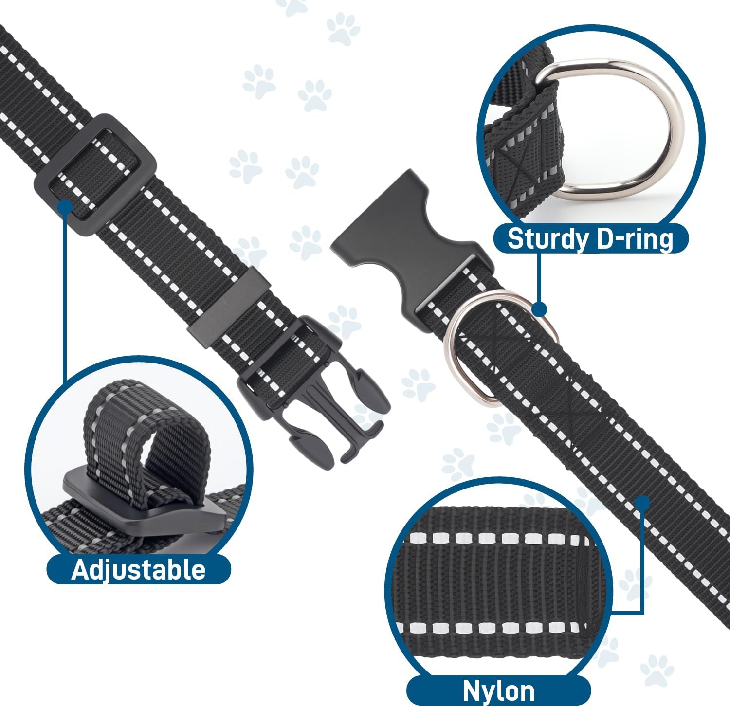Dog Collar for Small Medium Dogs with Buckle, Breathable Adjustable Nyl Reflective Dog Collars, Black/Small