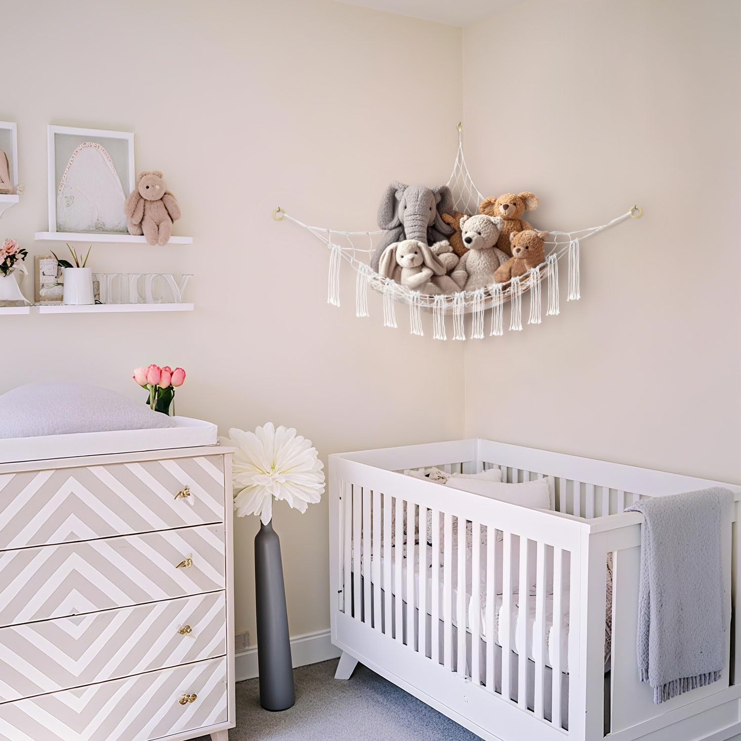 59 x 47 inches Stuffed Animal Hammock Corner Net, Plushie Net for Stuffed Animals Corner Large, Cott Hammock Holder for Home, Room, Wall, Bedroom Decor White