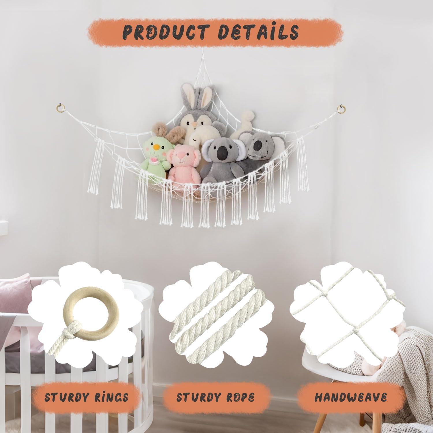 59 x 47 inches Stuffed Animal Hammock Corner Net, Plushie Net for Stuffed Animals Corner Large, Cott Hammock Holder for Home, Room, Wall, Bedroom Decor White