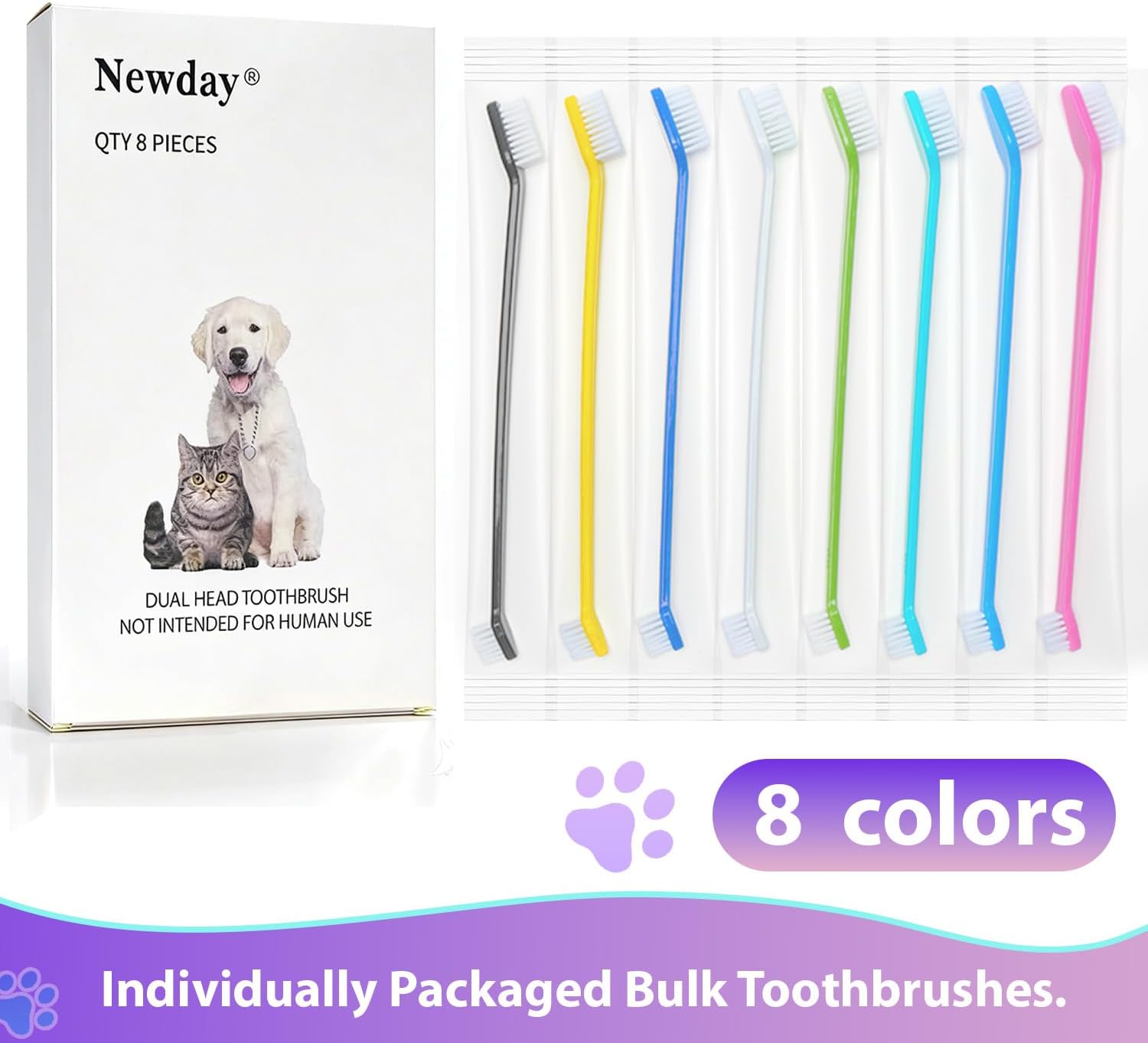 Petluno Dog Toothbrush Set of 8 - Dual Headed, Dental Hygiene Convenient Soft to Clean pet Teeth, Tooth Brushes for Small Large Dogs, Cats, and Most Pets, Teeth Brush in Bulk