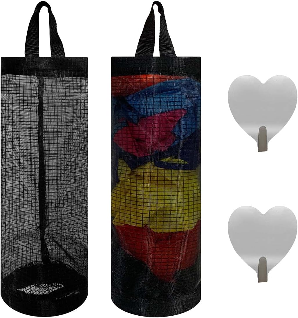 2 Pcs Plastic Bag Holder Trash Bags Storage Dispenser Organizer for Home Kitchen Mesh Hanging Dispensers Recycling Garbage Folding Grocery with Hooks Black