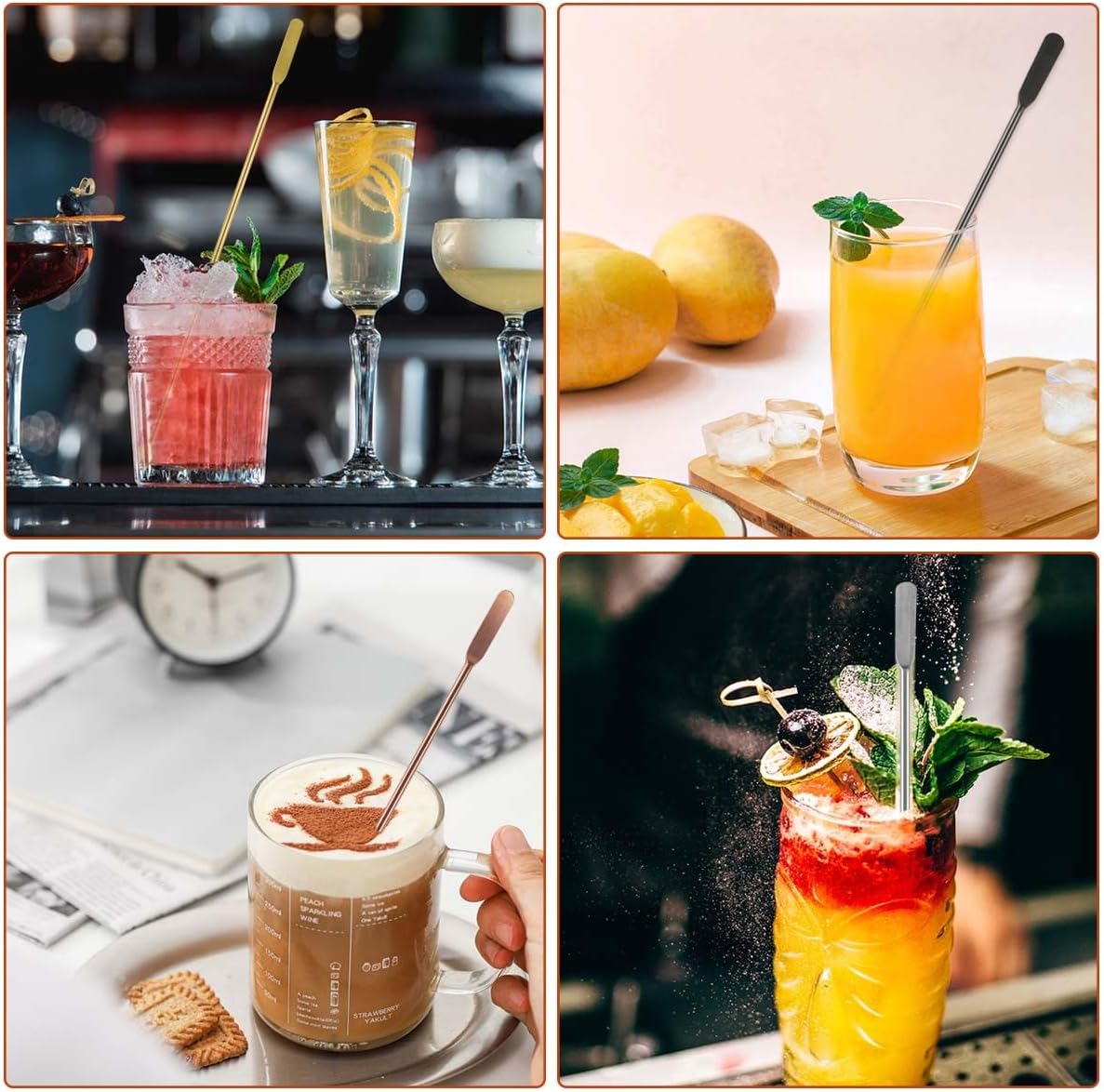 Coffee Stick Stainless Steel Swizzle Reusable Metal Stir Sticks Cocktail Drink Stirrer Spoon Beverage Stirrers with Small Rectangular Paddles Stirring Bar Set 7.73inch long