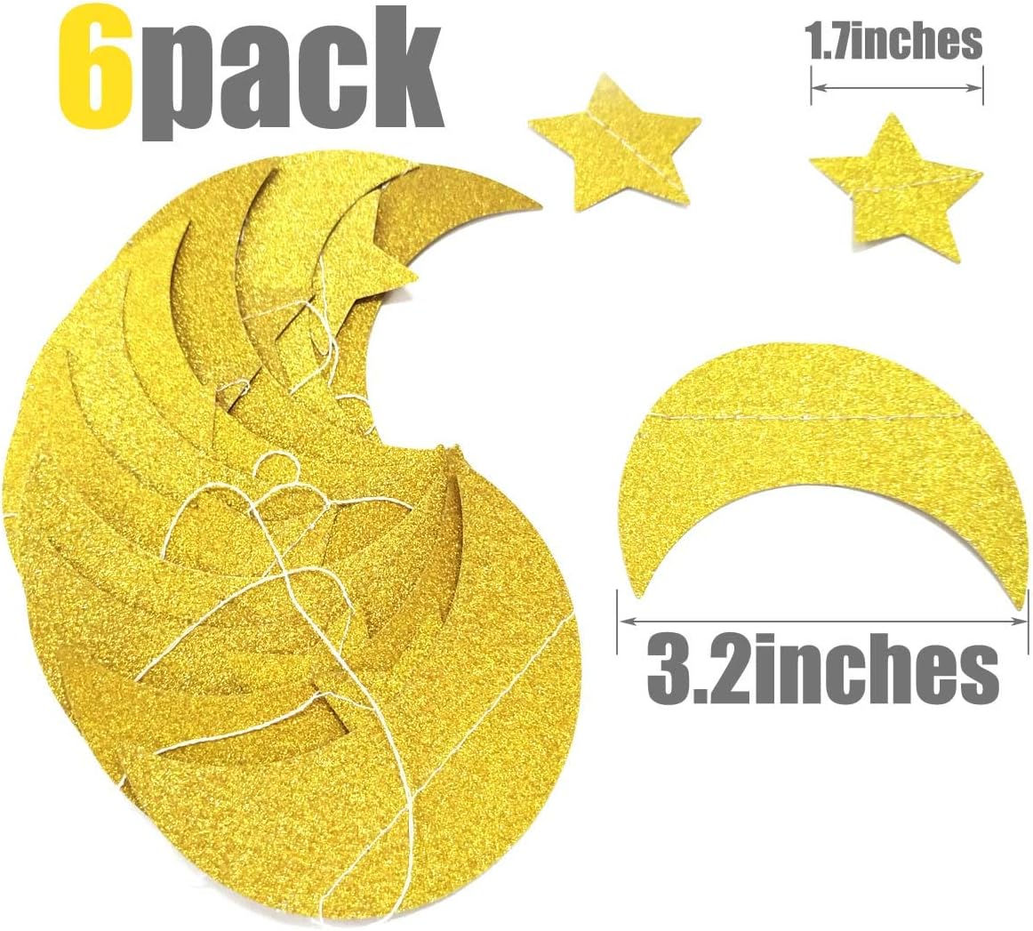 50ft Glitter Moon & Stars Garlands, 6 Pack Gold Double-Side Crescent and Twinkle Paper Hanging Decorations for Birthday Party Baby Shower Engagement Wedding Nursery Kids Room Home Bedroom