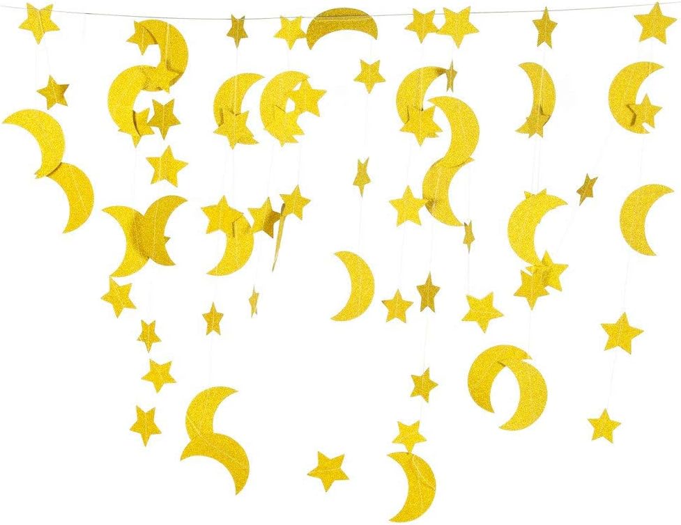 50ft Glitter Moon & Stars Garlands, 6 Pack Gold Double-Side Crescent and Twinkle Paper Hanging Decorations for Birthday Party Baby Shower Engagement Wedding Nursery Kids Room Home Bedroom