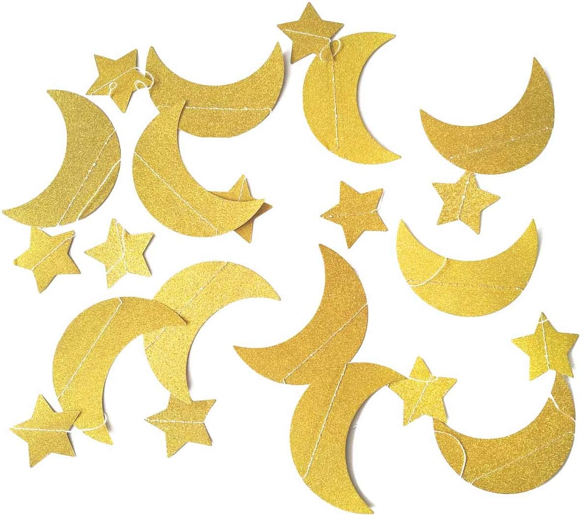 50ft Glitter Moon & Stars Garlands, 6 Pack Gold Double-Side Crescent and Twinkle Paper Hanging Decorations for Birthday Party Baby Shower Engagement Wedding Nursery Kids Room Home Bedroom