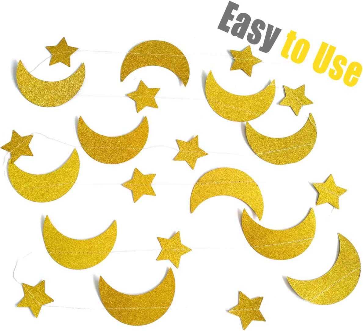 50ft Glitter Moon & Stars Garlands, 6 Pack Gold Double-Side Crescent and Twinkle Paper Hanging Decorations for Birthday Party Baby Shower Engagement Wedding Nursery Kids Room Home Bedroom