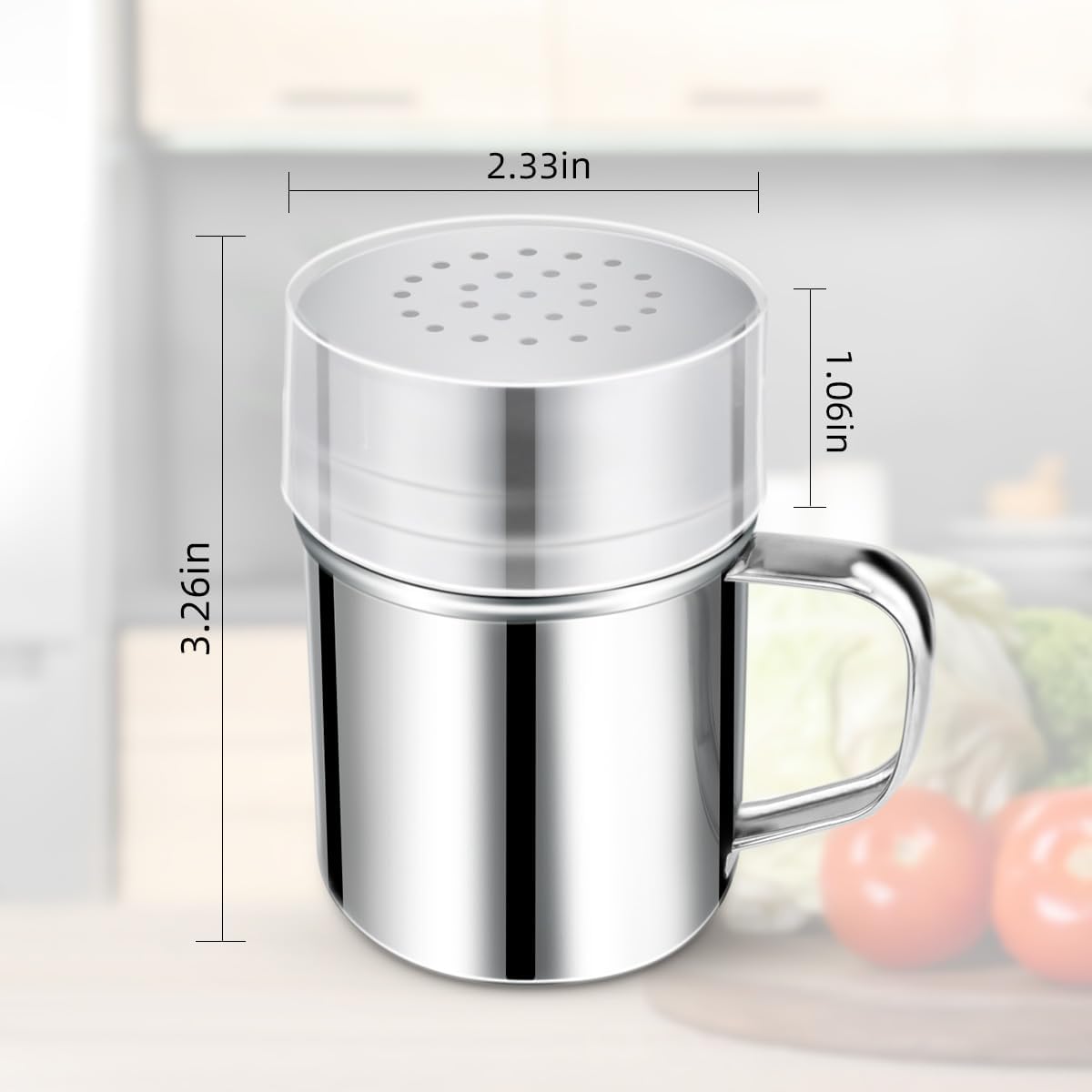 Stainless Steel Dredge Shaker Spice Shakers with Handle Powdered Sugar Pepper 6 Oz Metal Salt Holes and Lid Fine Powder for Cinnamon Cocoa Flour Baking Seasoning