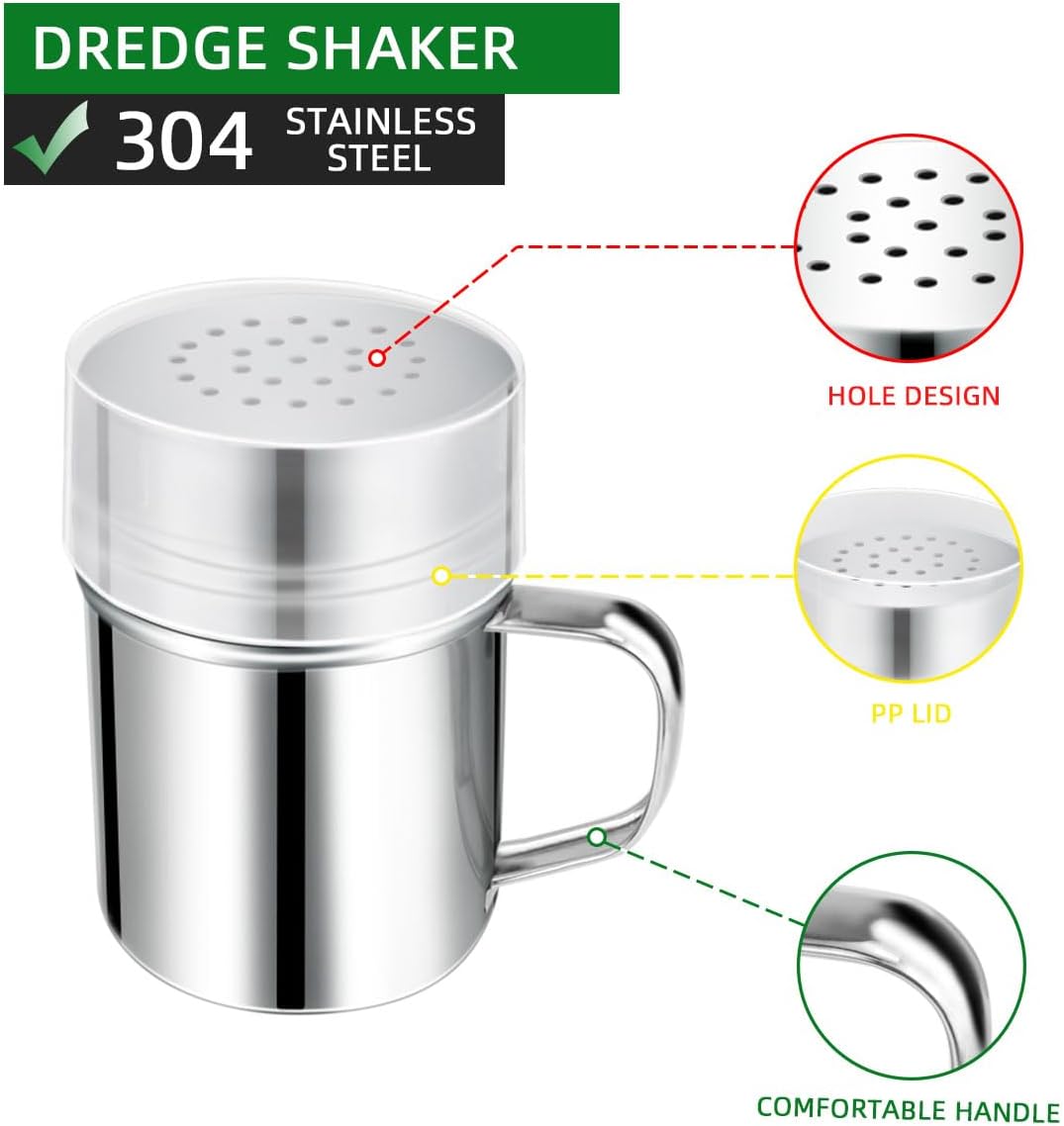 Stainless Steel Dredge Shaker Spice Shakers with Handle Powdered Sugar Pepper 6 Oz Metal Salt Holes and Lid Fine Powder for Cinnamon Cocoa Flour Baking Seasoning