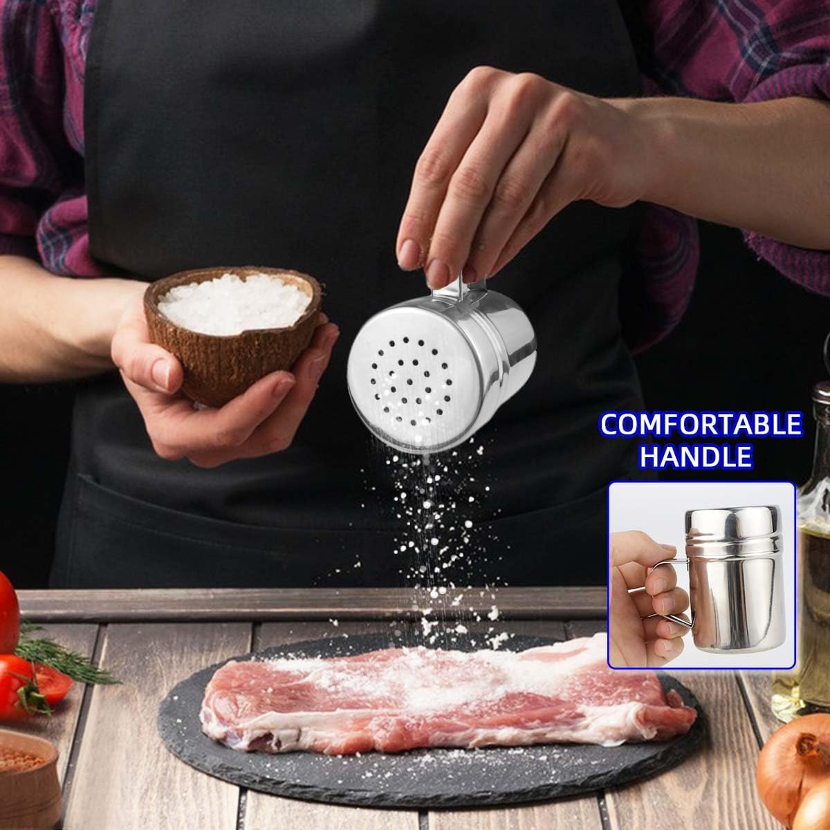 Stainless Steel Dredge Shaker Spice Shakers with Handle Powdered Sugar Pepper 6 Oz Metal Salt Holes and Lid Fine Powder for Cinnamon Cocoa Flour Baking Seasoning