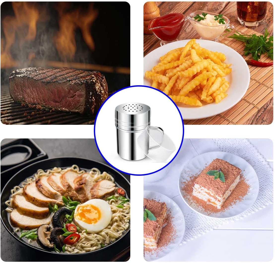 Stainless Steel Dredge Shaker Spice Shakers with Handle Powdered Sugar Pepper 6 Oz Metal Salt Holes and Lid Fine Powder for Cinnamon Cocoa Flour Baking Seasoning