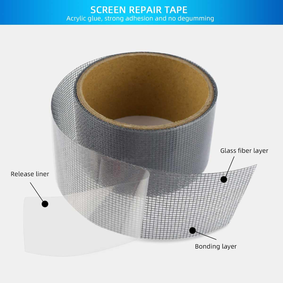 3-Layer Strong Waterproof Adhesive Screen Repair Tape - Instantly Fix Holes & Tears Fiberglass Kit Gray 1.97x78.7 Inches