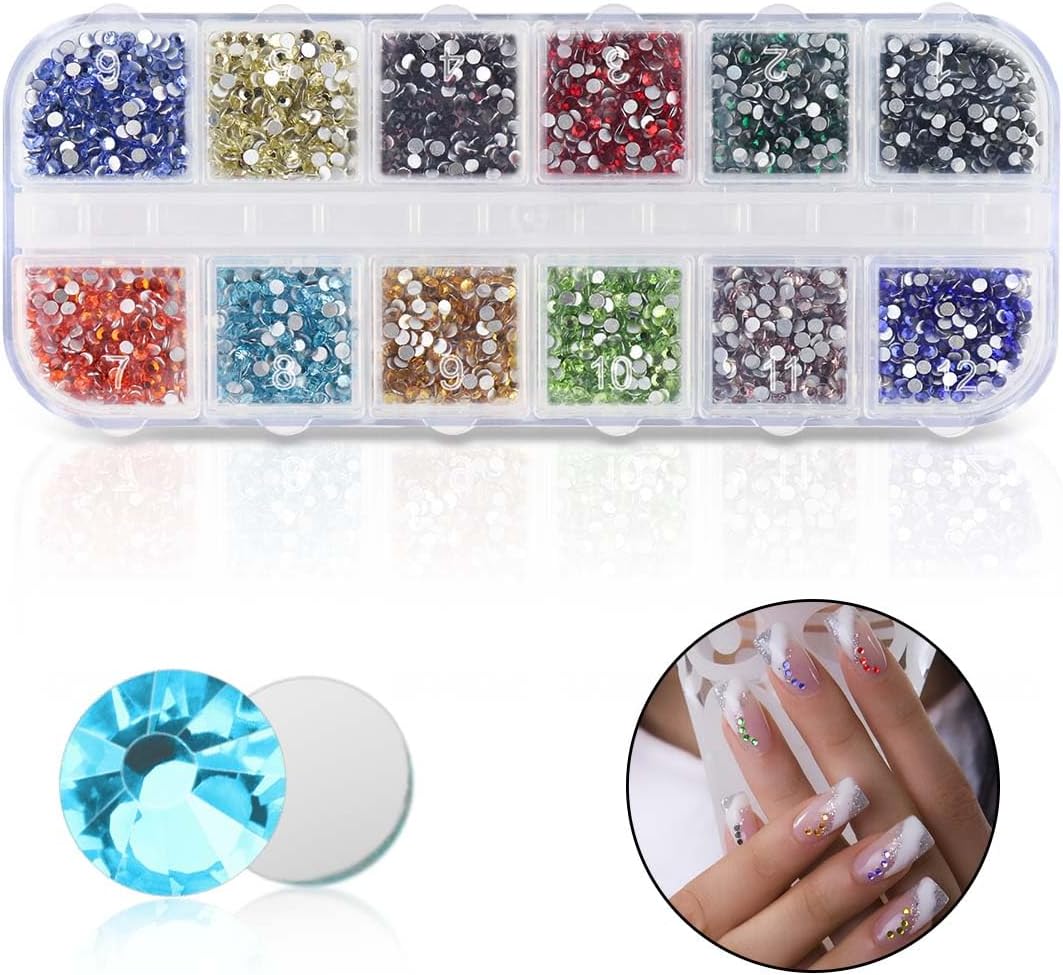 2400 Pieces Flat Back Rhinestones Colorful Round Glass Gems for Nail Art & Face Makeup Flatback Crystal Rhinestone Crafts DIY Clothes Shoes Bags Manicure Diamond 12 Colors