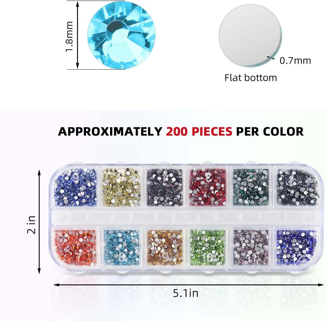 2400 Pieces Flat Back Rhinestones Colorful Round Glass Gems for Nail Art & Face Makeup Flatback Crystal Rhinestone Crafts DIY Clothes Shoes Bags Manicure Diamond 12 Colors