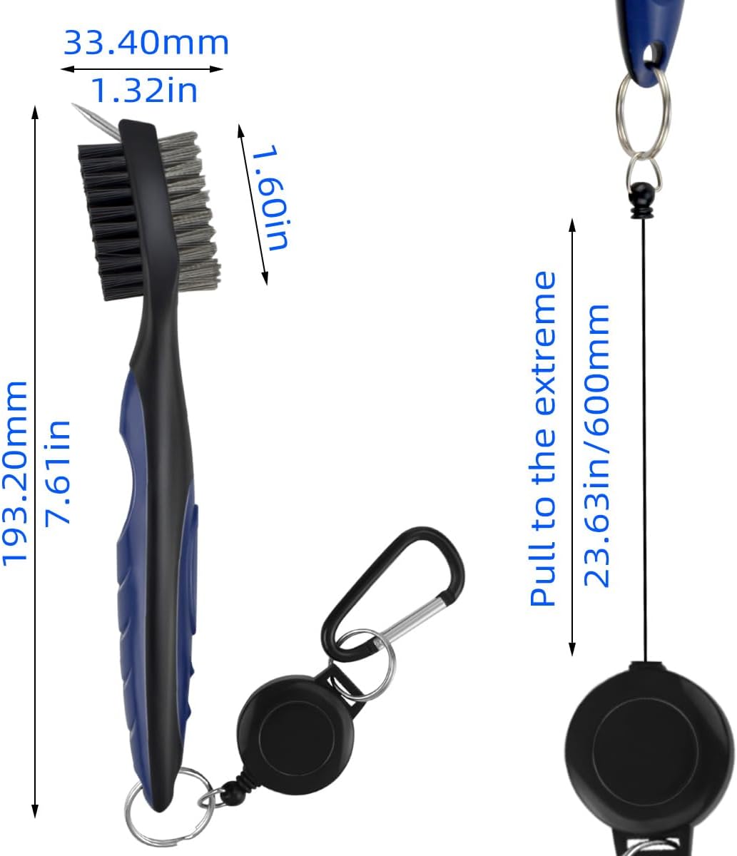 Golf Club Brush and Groove Cleaner Retractable Zip-Line Cleaning Tool Brushes with Aluminum Carabiner Oversized Head Spike Non-Slip Handle Grip Bag Tools