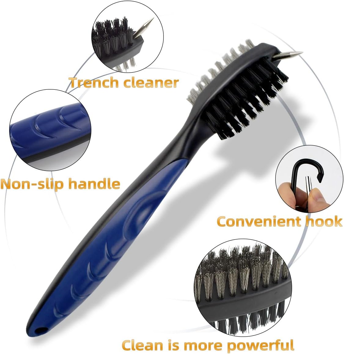 Golf Club Brush and Groove Cleaner Retractable Zip-Line Cleaning Tool Brushes with Aluminum Carabiner Oversized Head Spike Non-Slip Handle Grip Bag Tools
