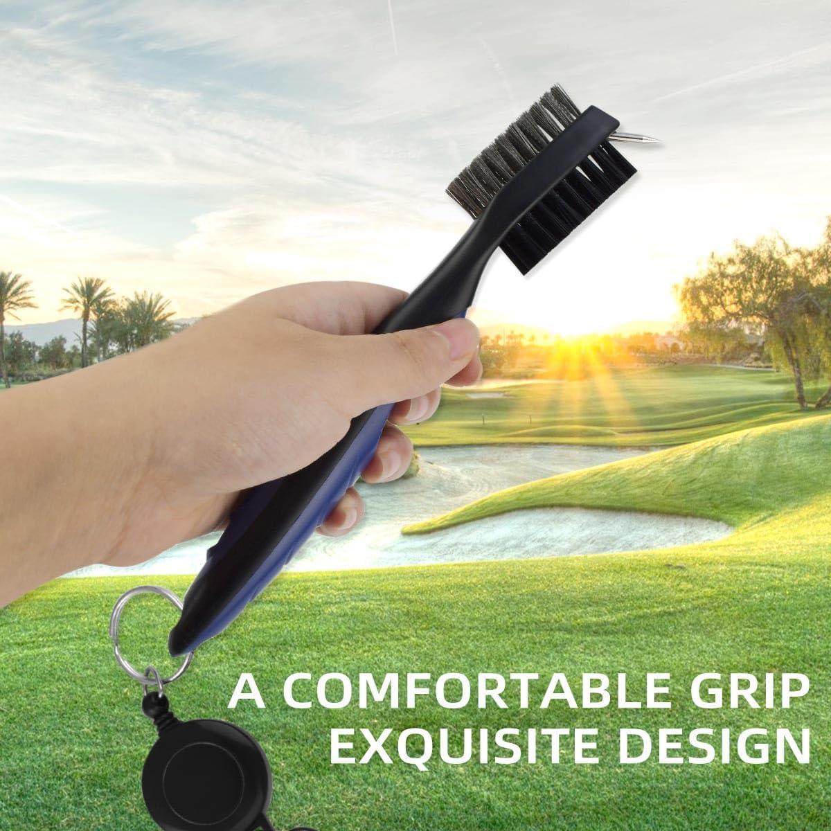 Golf Club Brush and Groove Cleaner Retractable Zip-Line Cleaning Tool Brushes with Aluminum Carabiner Oversized Head Spike Non-Slip Handle Grip Bag Tools