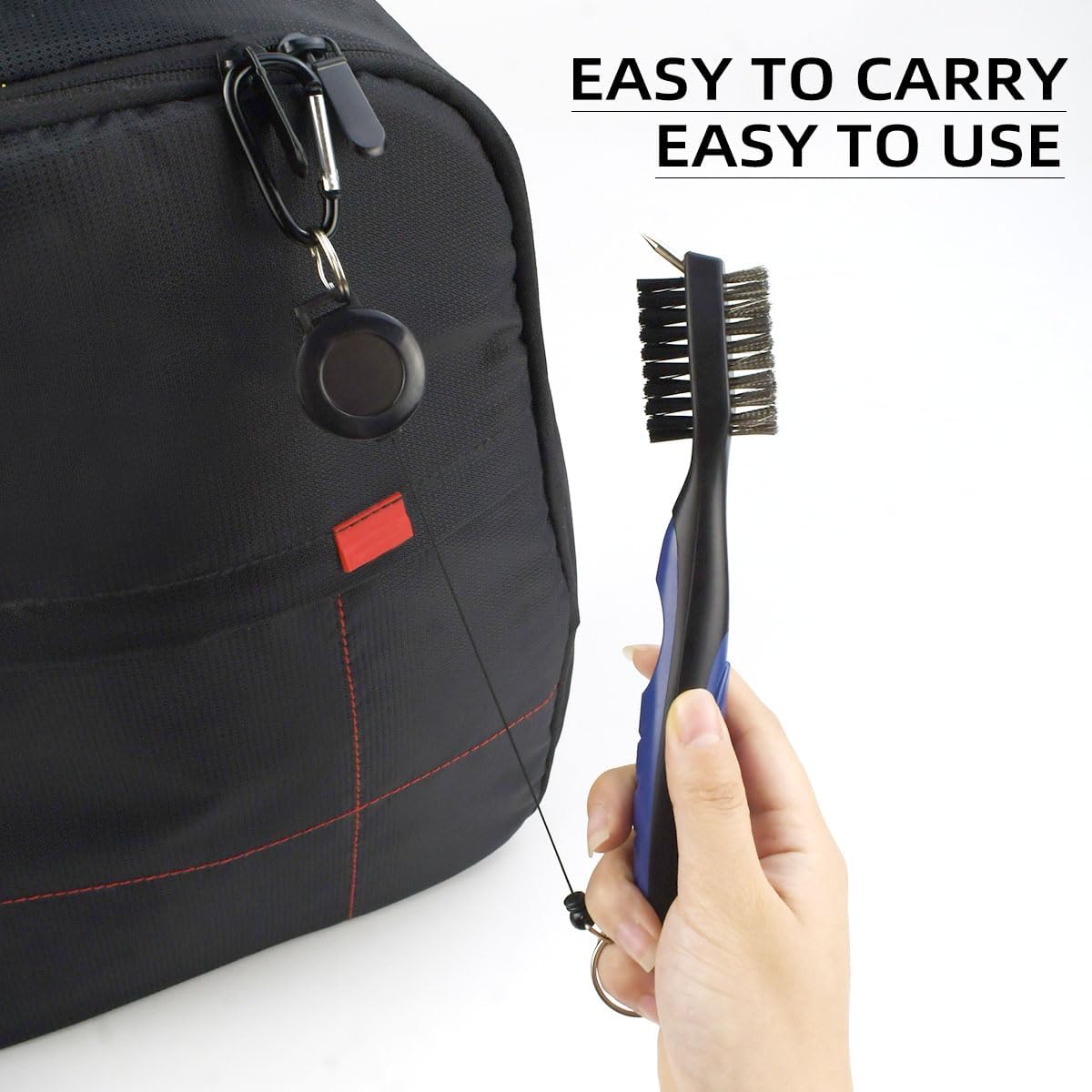 Golf Club Brush and Groove Cleaner Retractable Zip-Line Cleaning Tool Brushes with Aluminum Carabiner Oversized Head Spike Non-Slip Handle Grip Bag Tools
