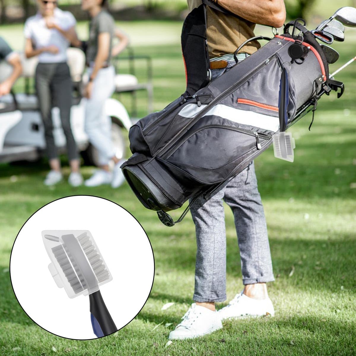 Golf Club Brush and Groove Cleaner Retractable Zip-Line Cleaning Tool Brushes with Aluminum Carabiner Oversized Head Spike Non-Slip Handle Grip Bag Tools