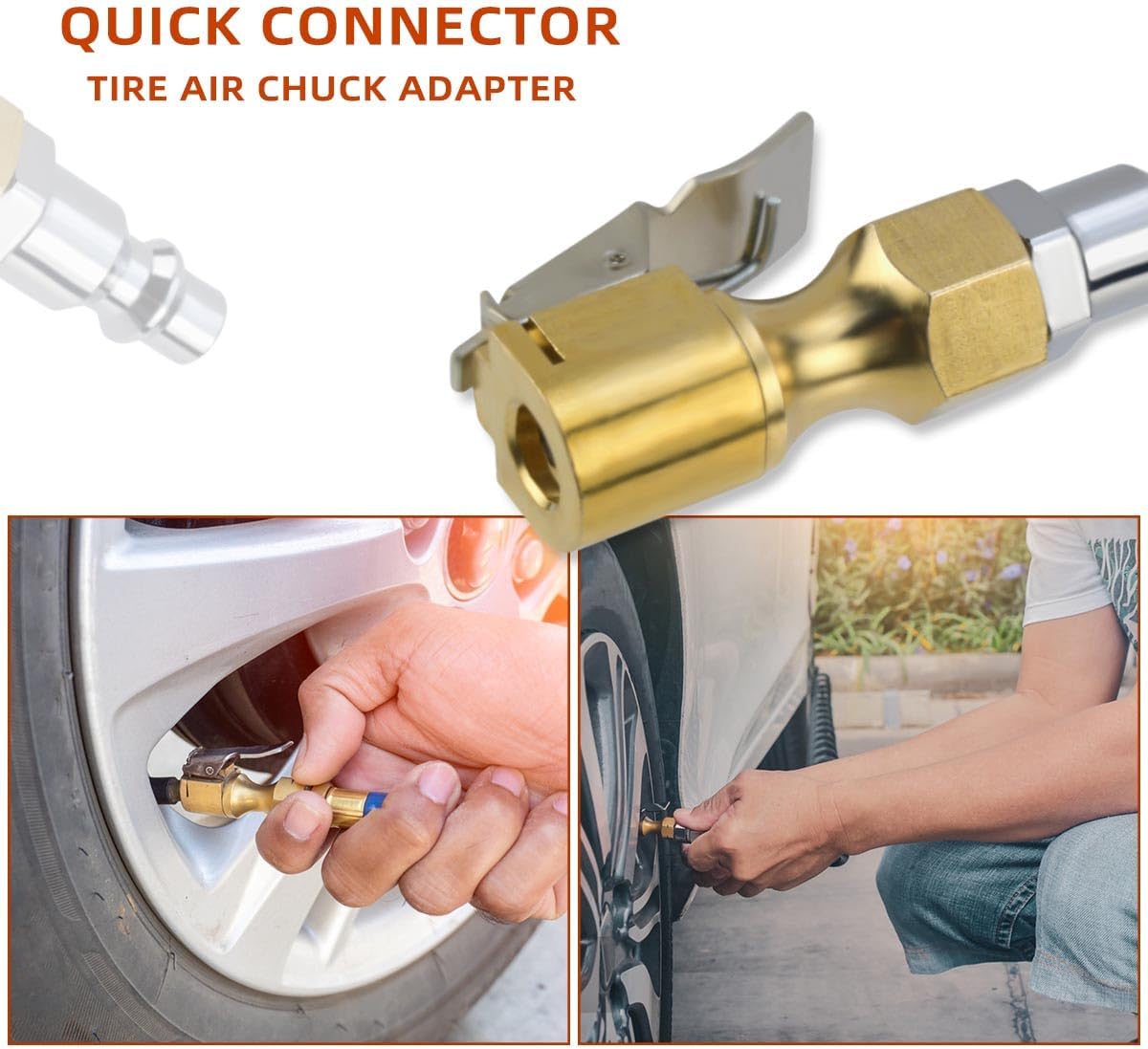 Air Chuck with Clip Tire Inflator Compressor Closed Flow Lock Brass Hose Connect Accessories Heavy Duty Gauge Locking InflatorAdapter