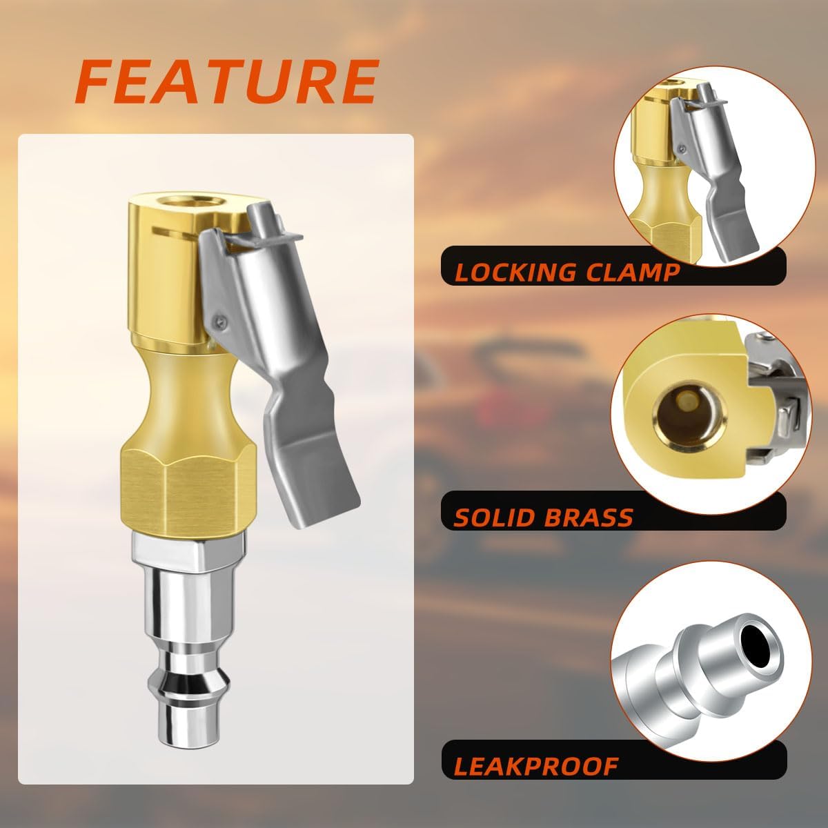 Air Chuck with Clip Tire Inflator Compressor Closed Flow Lock Brass Hose Connect Accessories Heavy Duty Gauge Locking InflatorAdapter