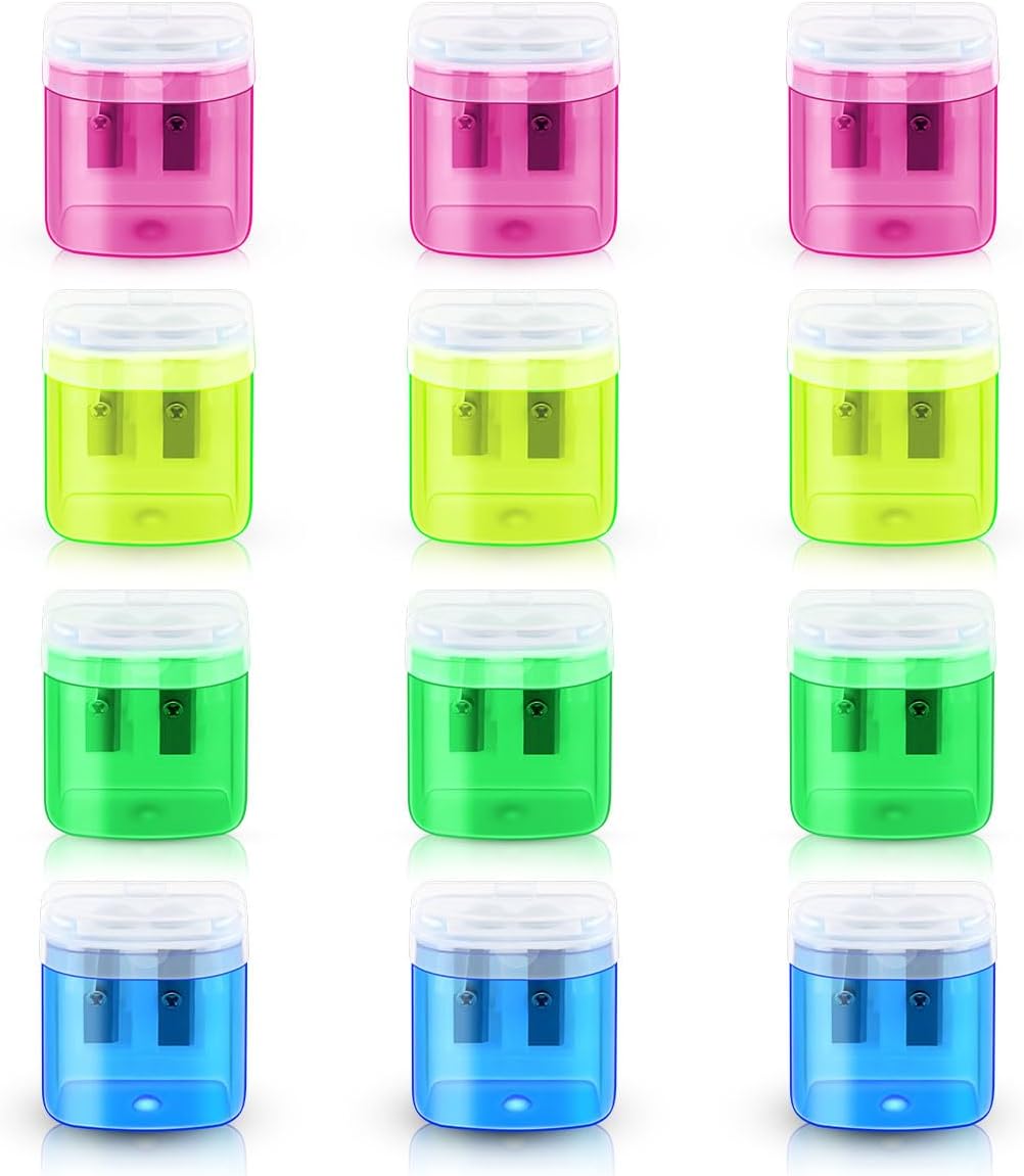 12 Pack Manual Pencil Sharpener for School Office Home Classroom Colored Dual Holes Pencils Sharpeners with Lid Kids Portable Colorful Handheld Bulk Adults Students 4 Colors