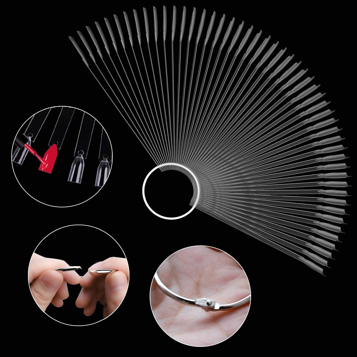 2 Set 100 Tips Clear Nail Art Swatches Sticks Polish Board Display Practice Tool Transparent Fan-shaped False with Metal Screw Ring Plastic Christmas Gift