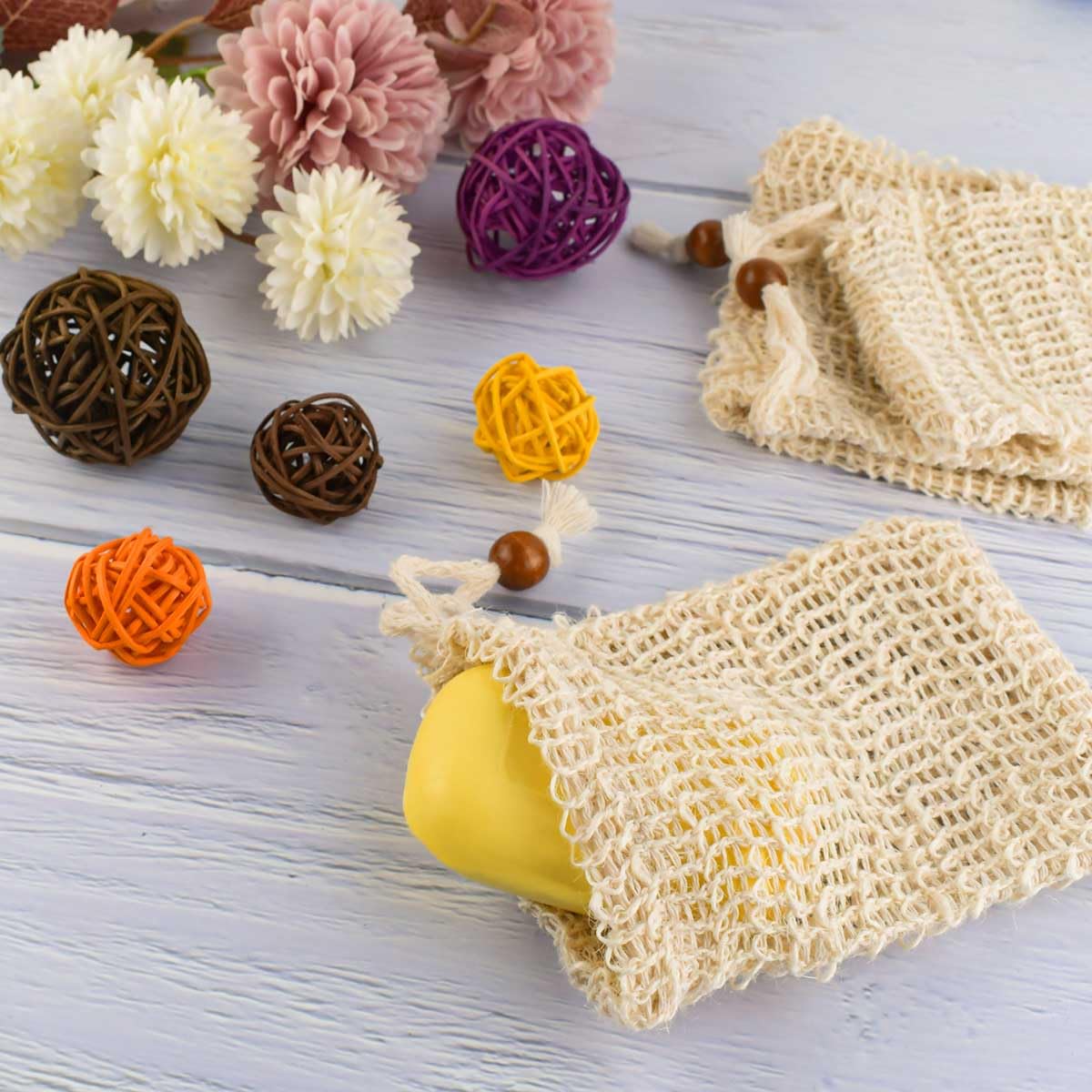 5 Pack Soap Saver Bag Exfoliating Pouch Shower Mesh Bar Natural Sisal for Bath and Bags with Drawstring Plastic-free Foaming Drying