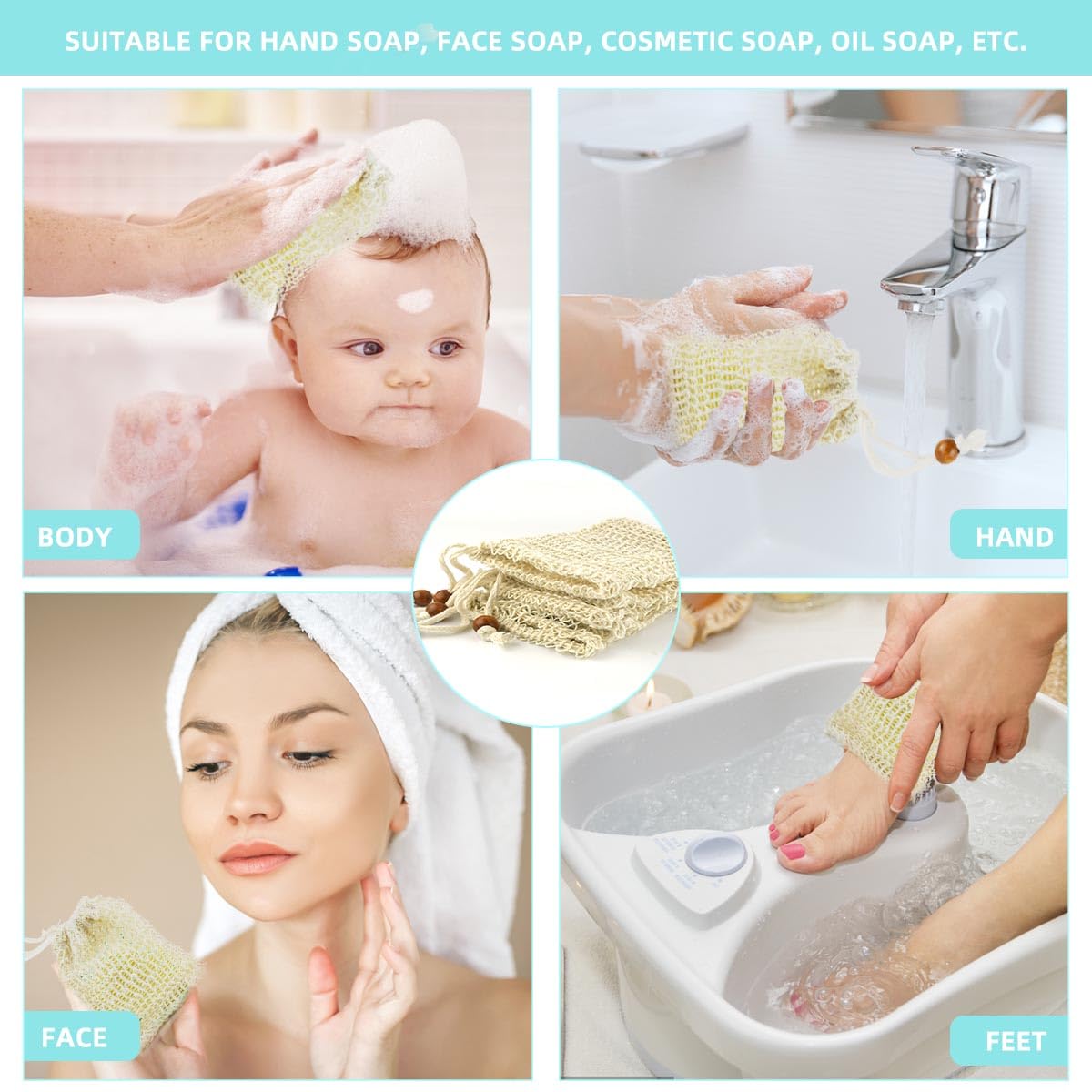 5 Pack Soap Saver Bag Exfoliating Pouch Shower Mesh Bar Natural Sisal for Bath and Bags with Drawstring Plastic-free Foaming Drying