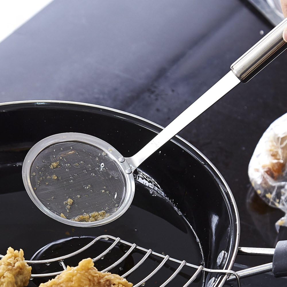 Stainless Steel Fat Skimmer Spoon - Fine Mesh Food Strainer for Grease, Gravy and Foam, Japanese Hot Pot Skimmer with Long Handle