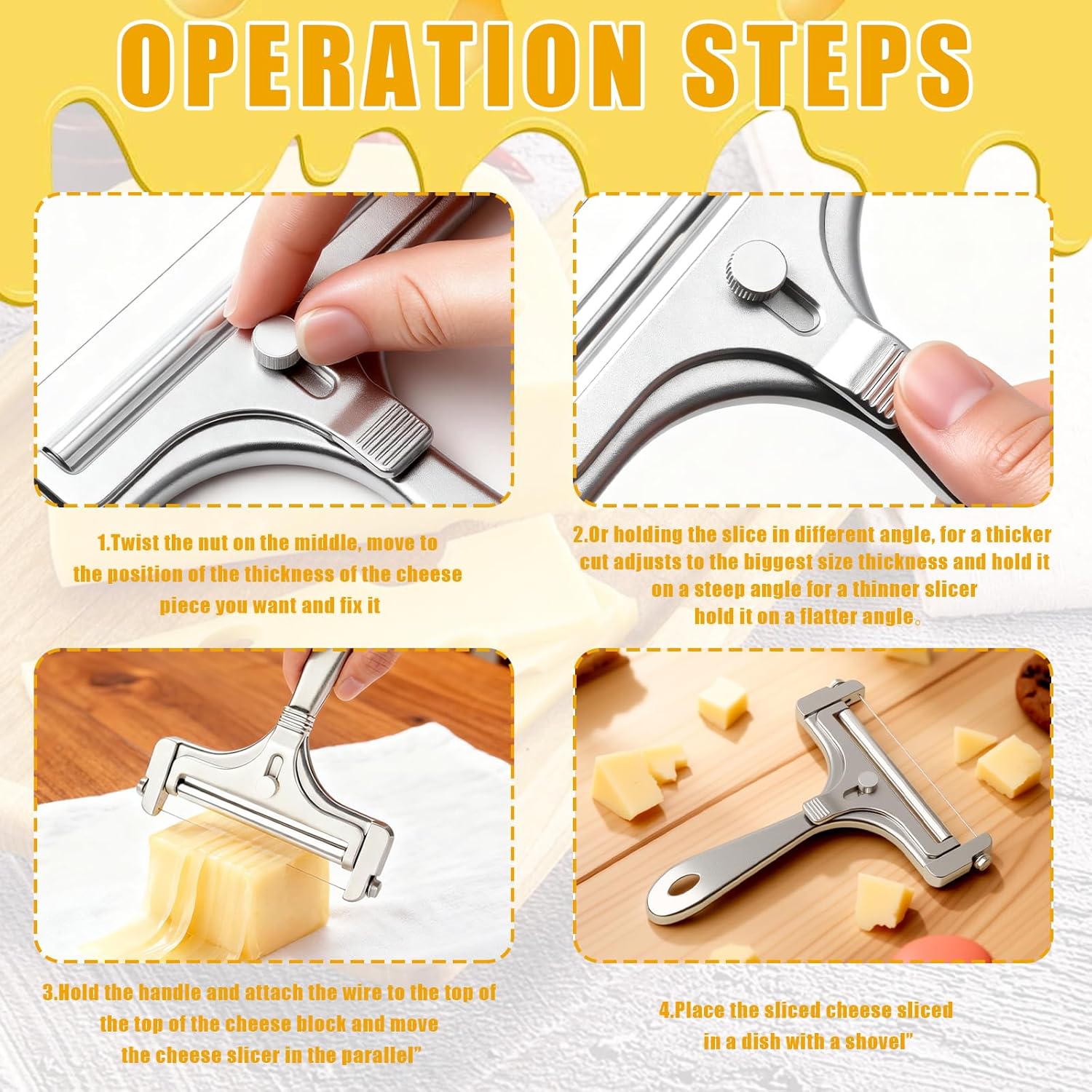 Stainless Steel Wire Cheese Slicer With 4 Extra Wires Adjustable Thickness, Handheld Cheese Cutter Butter Block Cutter for Cheddar, Gruyere, Raclette, Mozzarella Kitchen Slicing Tools