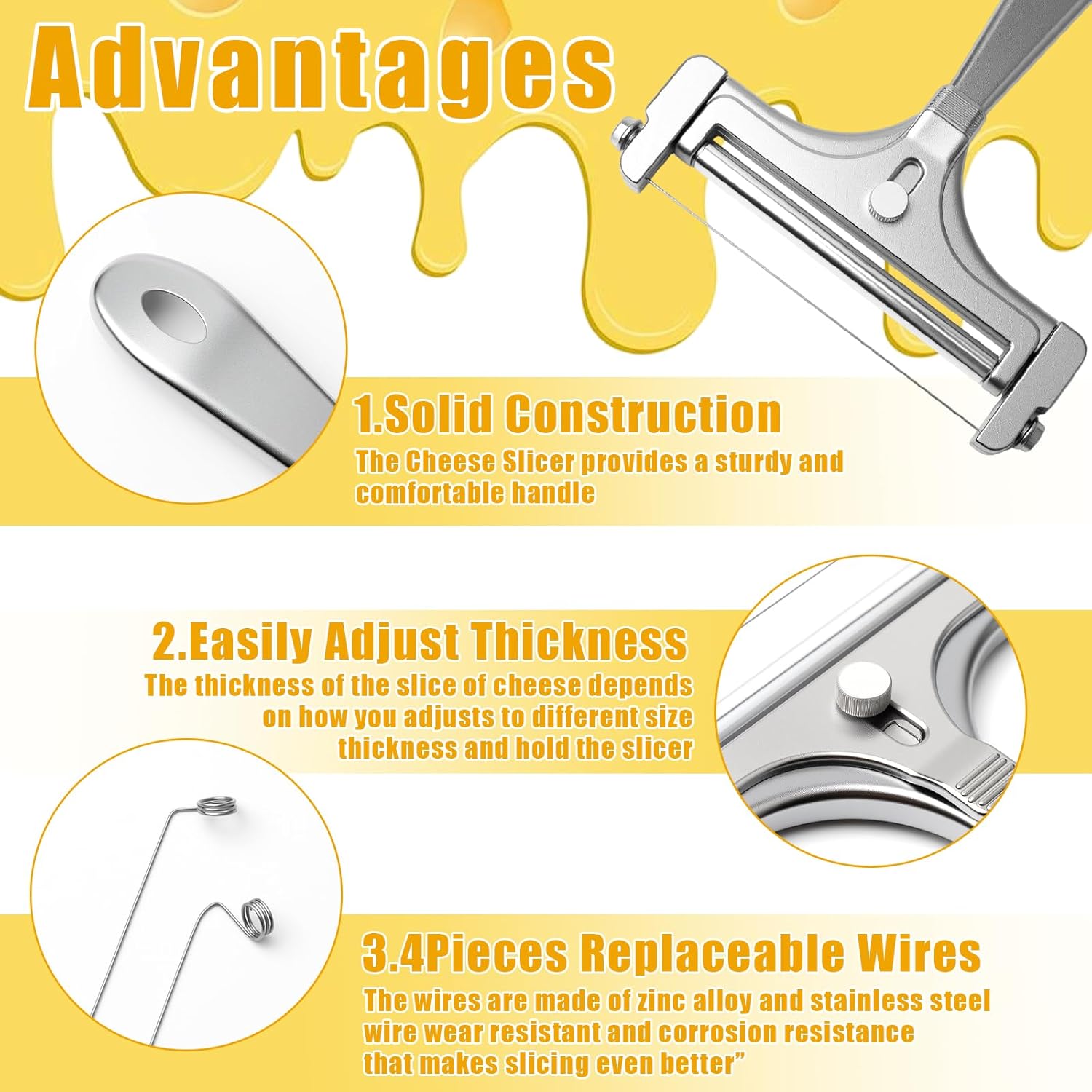 Stainless Steel Wire Cheese Slicer With 4 Extra Wires Adjustable Thickness, Handheld Cheese Cutter Butter Block Cutter for Cheddar, Gruyere, Raclette, Mozzarella Kitchen Slicing Tools