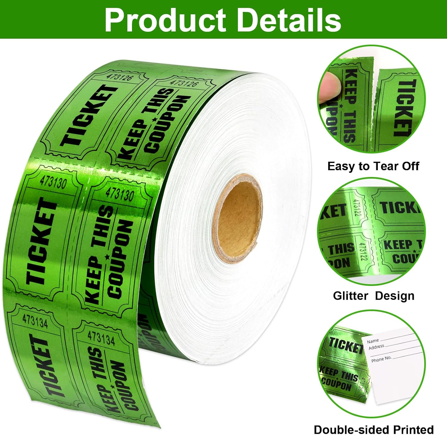 ceiba tree 1000 Raffle Tickets Double Roll Metallic Green Foil Ticket for Events Carnivals Entry Class Reward Prizes Party Supplies