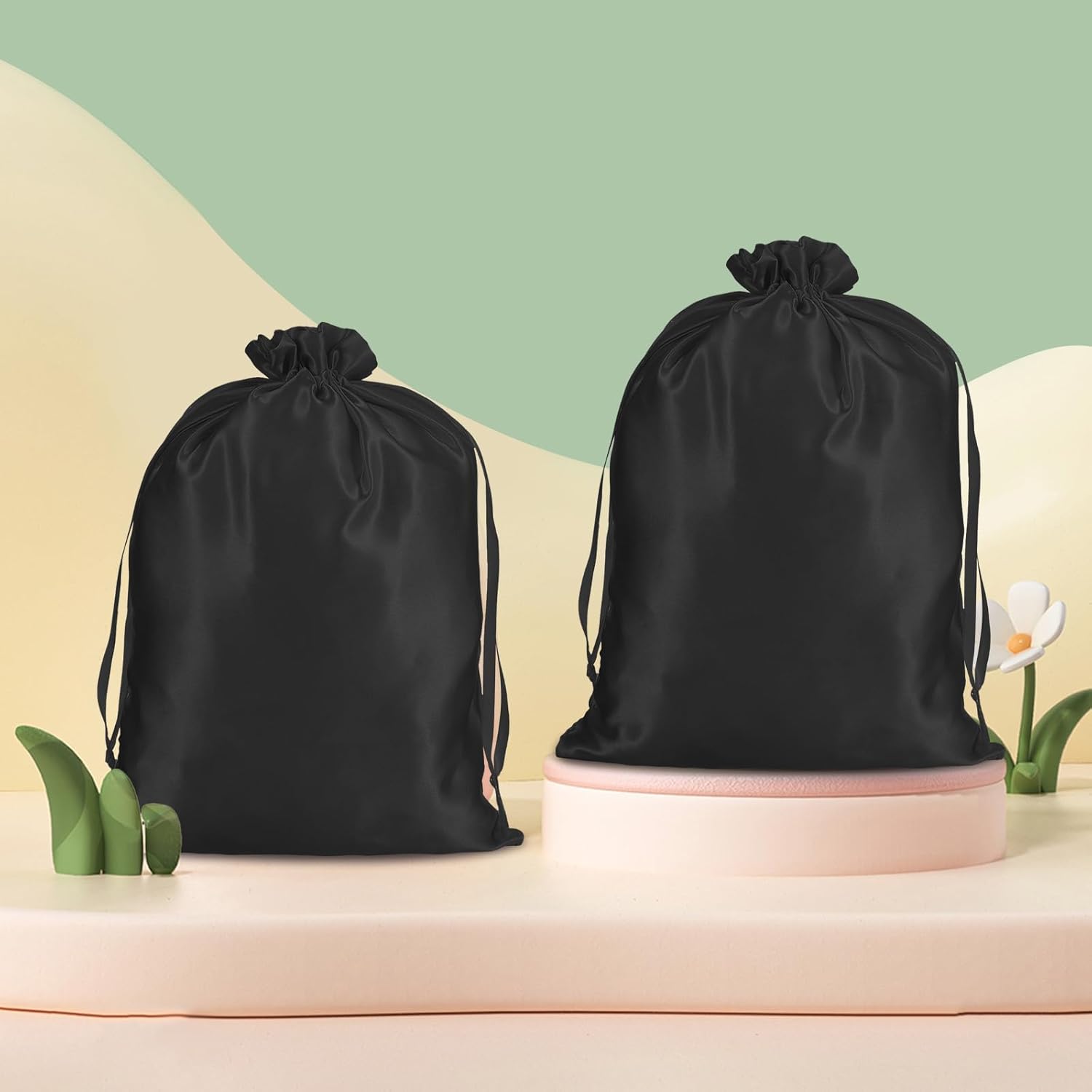 4Pcs Wig Storage Bags,Silk Bags with Drawstring Small Storage Satin Bag for Wigs Bundles Hair Extension Black