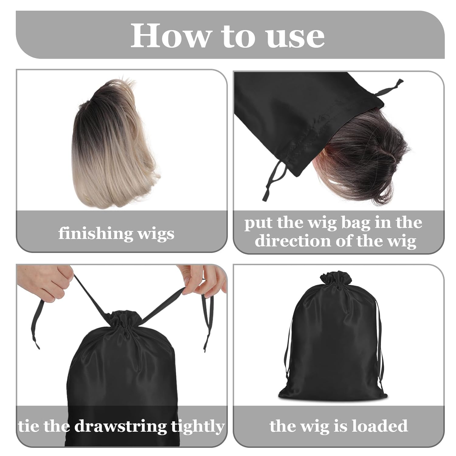 4Pcs Wig Storage Bags,Silk Bags with Drawstring Small Storage Satin Bag for Wigs Bundles Hair Extension Black
