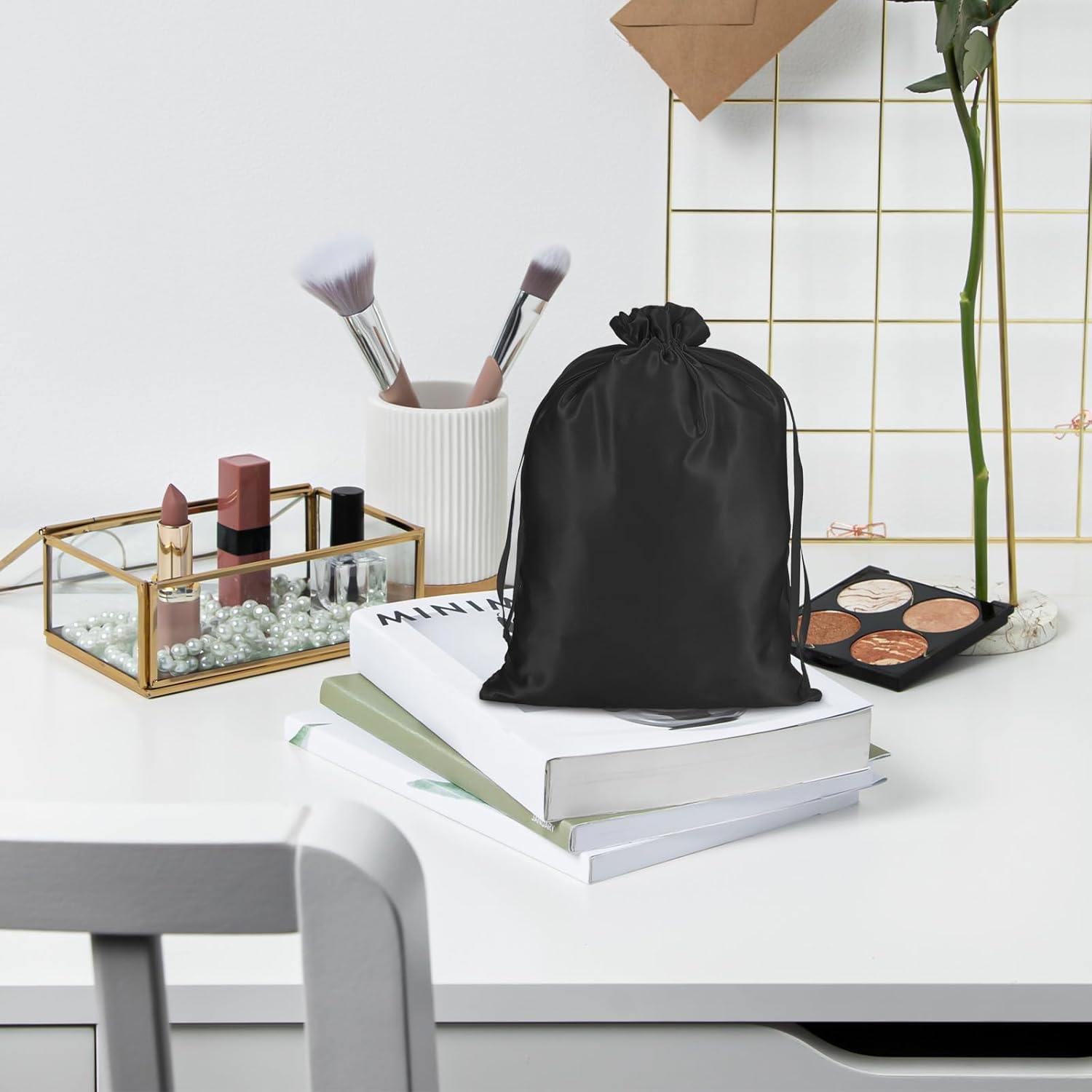 4Pcs Wig Storage Bags,Silk Bags with Drawstring Small Storage Satin Bag for Wigs Bundles Hair Extension Black