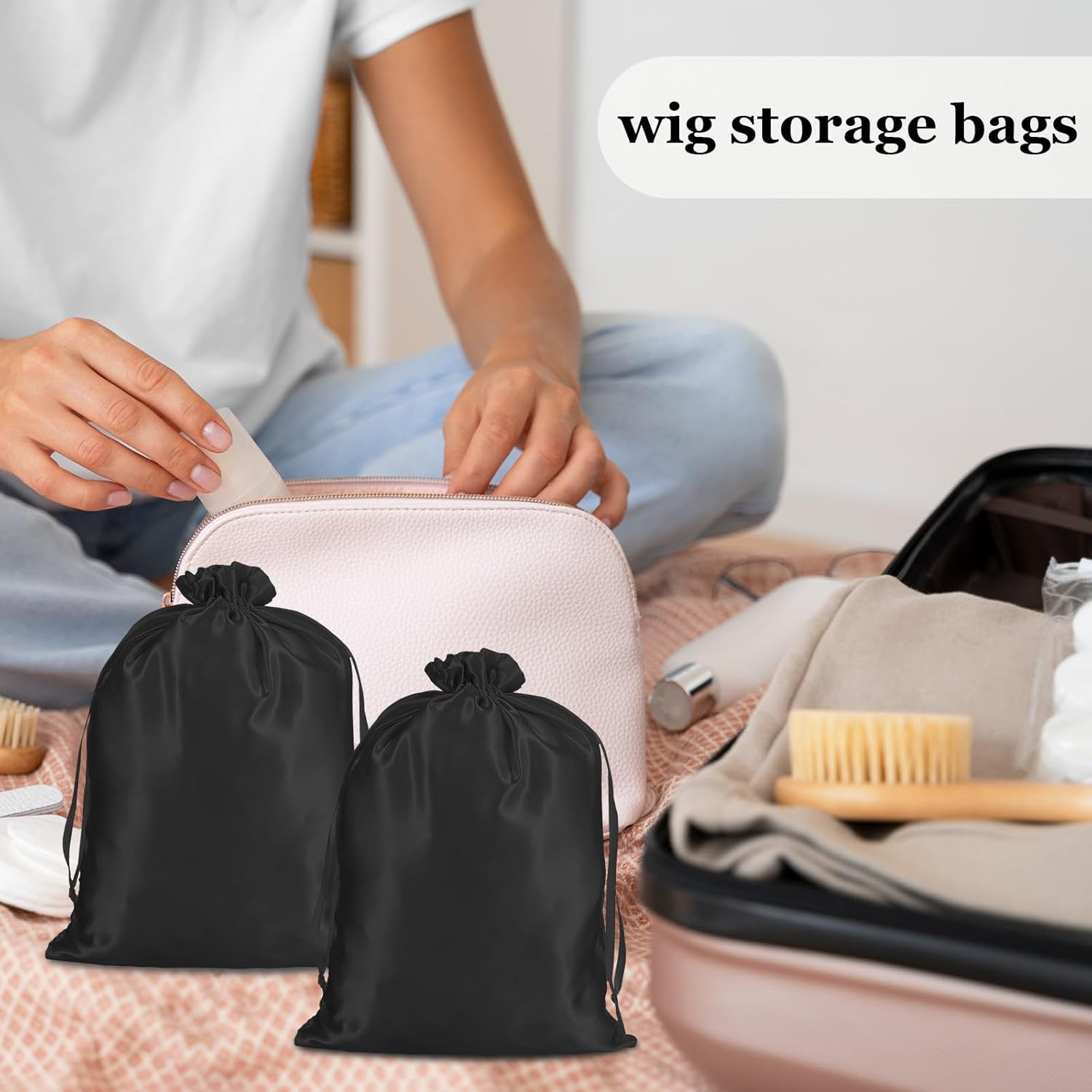 4Pcs Wig Storage Bags,Silk Bags with Drawstring Small Storage Satin Bag for Wigs Bundles Hair Extension Black