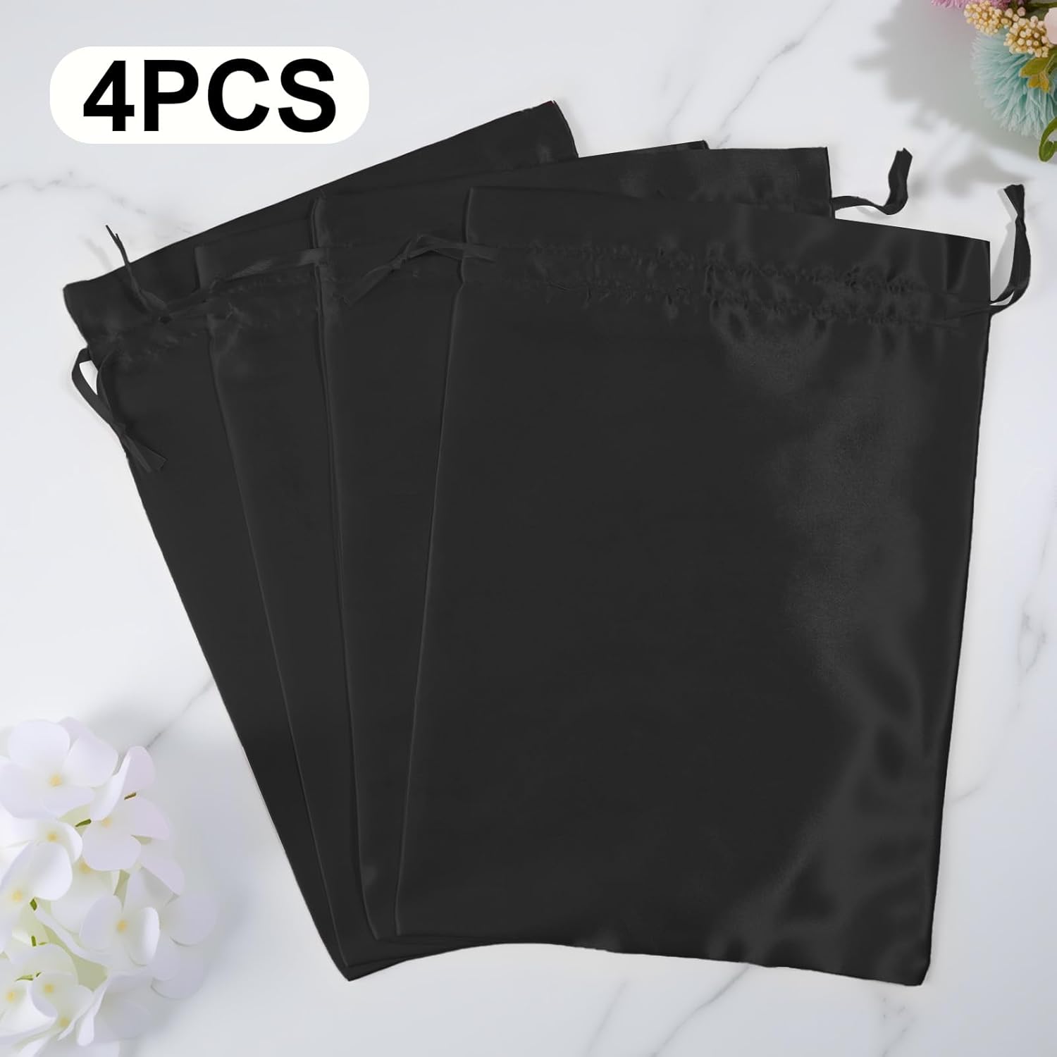 4Pcs Wig Storage Bags,Silk Bags with Drawstring Small Storage Satin Bag for Wigs Bundles Hair Extension Black