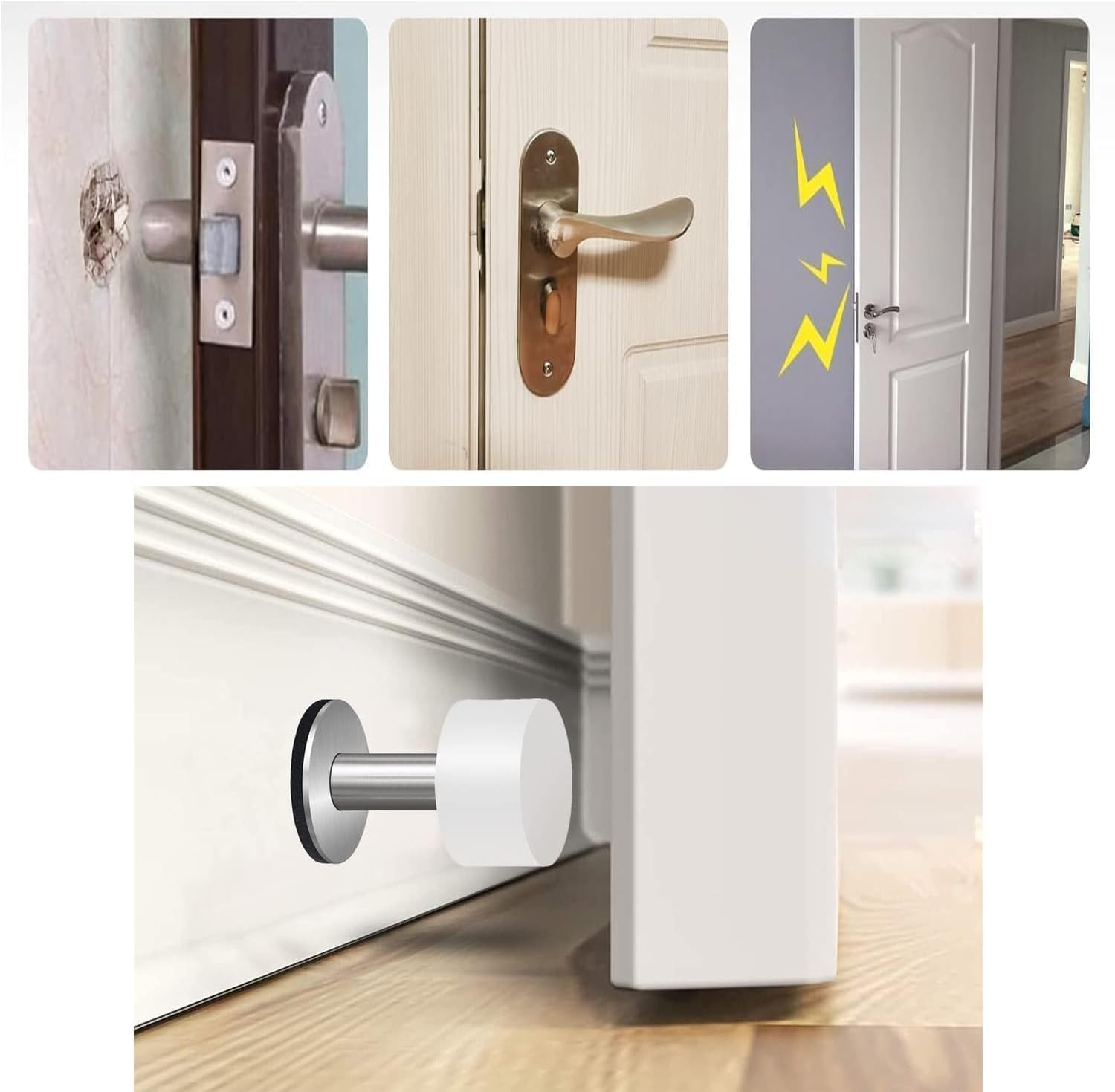 Door Stoppers with Extra Stickers, Self-Adhesive Door Stop with White Rubber & Stainless Steel Body - Sound Dampening Door Bumpers for Home & Office, Door stoppers for Bottom of Door Medium-2.56inch