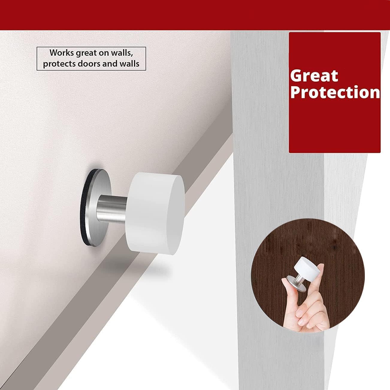 Door Stoppers with Extra Stickers, Self-Adhesive Door Stop with White Rubber & Stainless Steel Body - Sound Dampening Door Bumpers for Home & Office, Door stoppers for Bottom of Door Medium-2.56inch