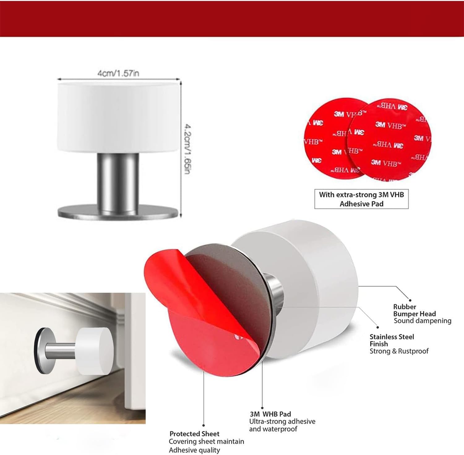 Door Stoppers with Extra Stickers, Self-Adhesive Door Stop with White Rubber & Stainless Steel Body - Sound Dampening Door Bumpers for Home & Office, Door stoppers for Bottom of Door Medium-2.56inch