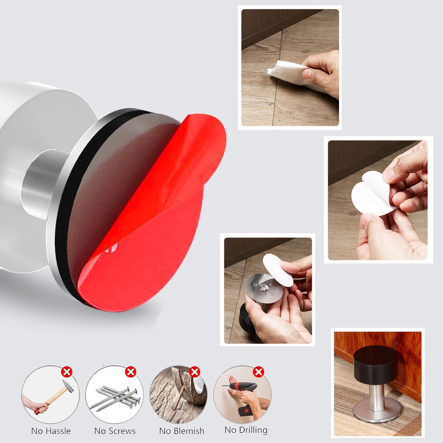 Door Stoppers with Extra Stickers, Self-Adhesive Door Stop with White Rubber & Stainless Steel Body - Sound Dampening Door Bumpers for Home & Office, Door stoppers for Bottom of Door Medium-2.56inch