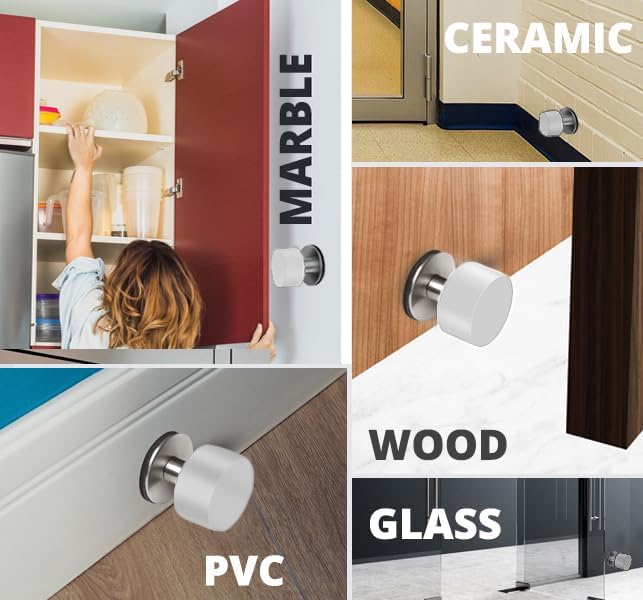 Door Stoppers with Extra Stickers, Self-Adhesive Door Stop with White Rubber & Stainless Steel Body - Sound Dampening Door Bumpers for Home & Office, Door stoppers for Bottom of Door Medium-2.56inch