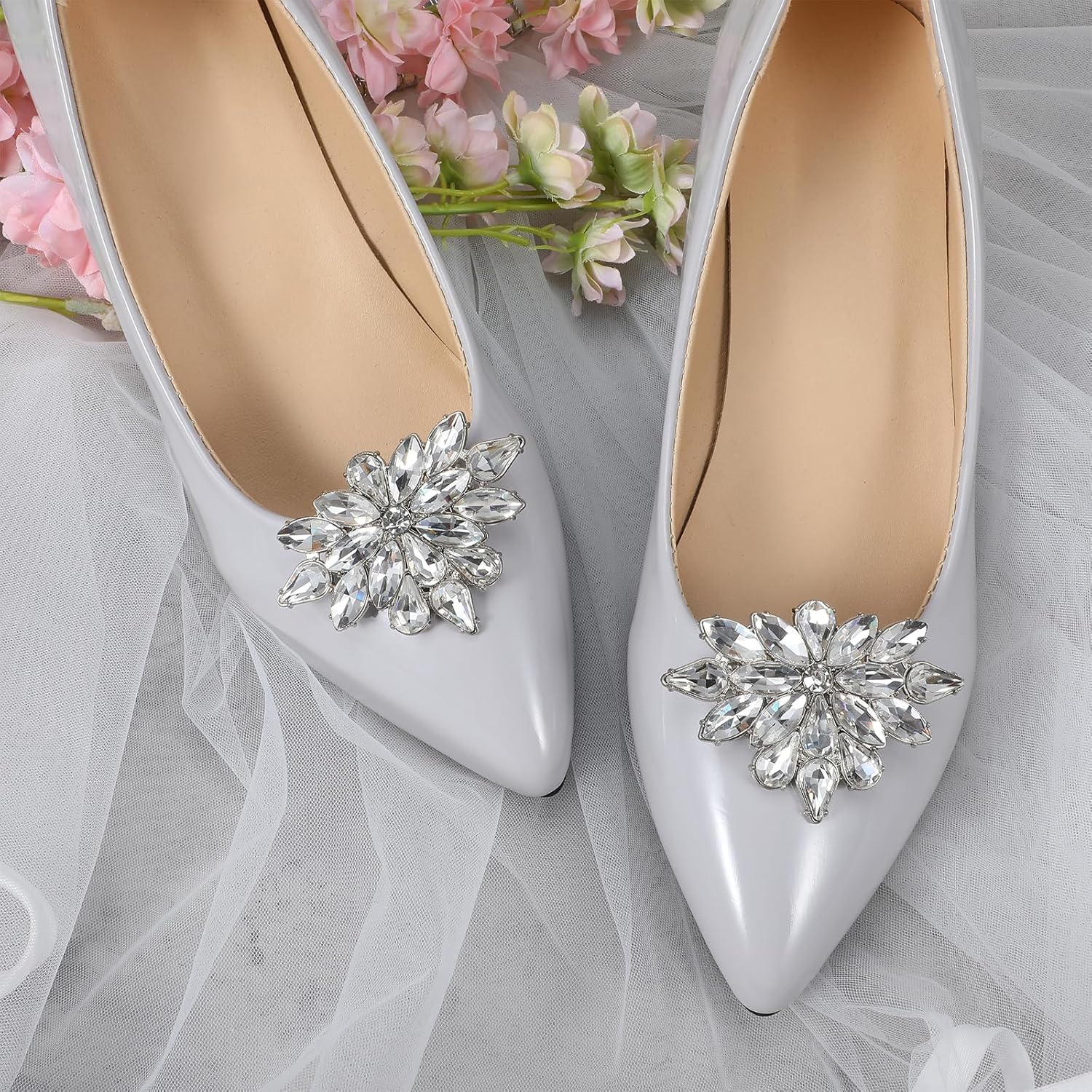 2 Pairs Rhinestone Shoe Clips for Women Dress Shoes, Bow Flower Brilliant Crystal Shoe Decor, DIY Shoes Detachable Buckle Wedding Party Accessories Mother Gifts Sliver