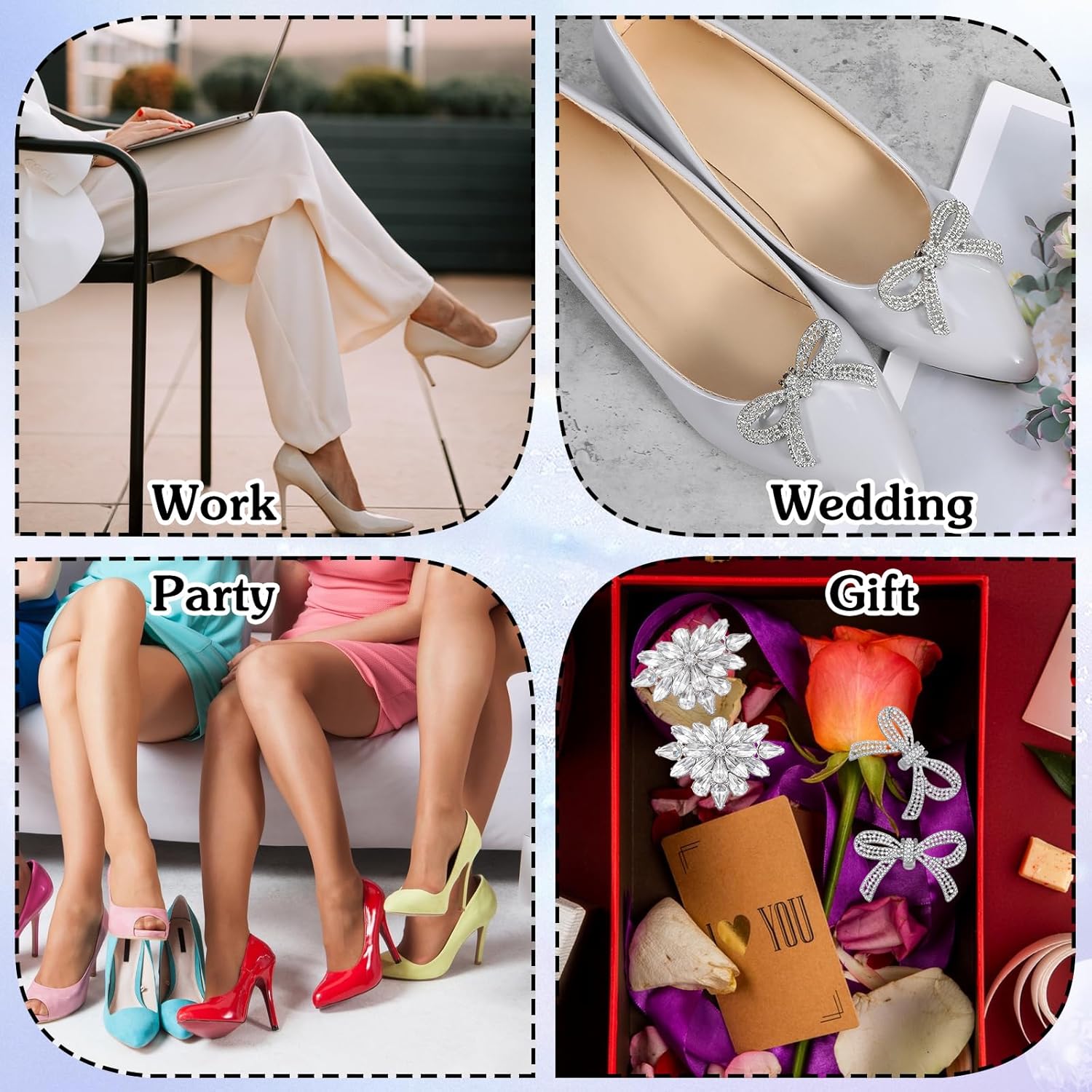 2 Pairs Rhinestone Shoe Clips for Women Dress Shoes, Bow Flower Brilliant Crystal Shoe Decor, DIY Shoes Detachable Buckle Wedding Party Accessories Mother Gifts Sliver