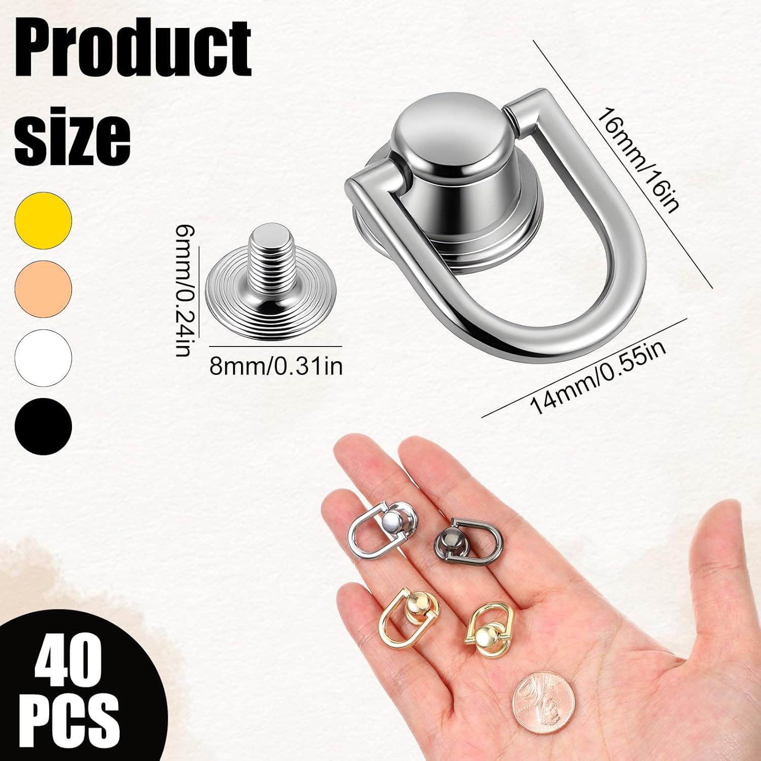 40 Pcs D Rings for Purse, Small Stud Screw Rivets for Leather Crafting, Versatile Purse Rotatable D Ring Stud, Wallet Crossbody Conversion Kit Black+Silver+Gold+Light Gold